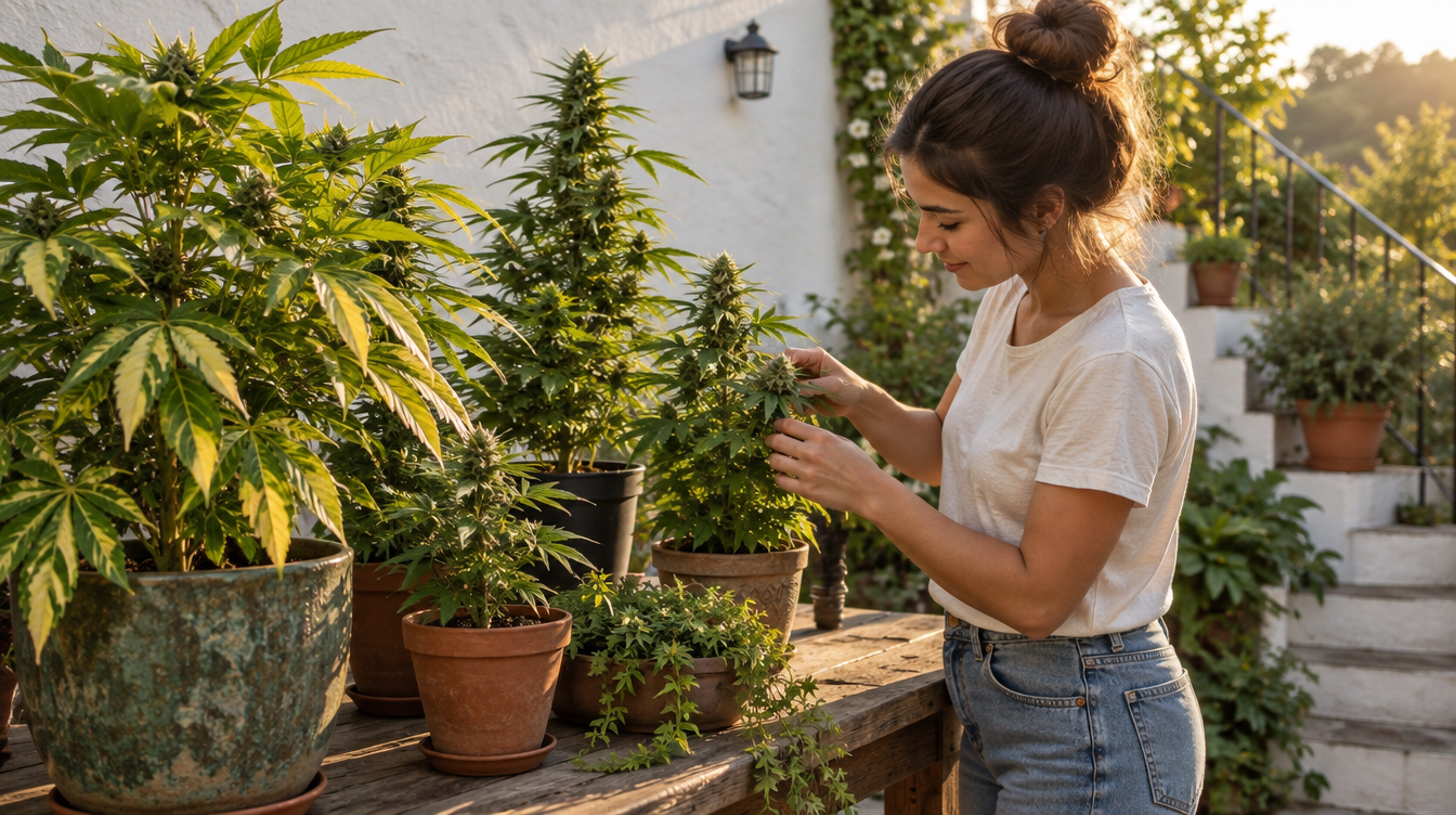 Close-up of a person caring for growing cannabis plants in her garden
