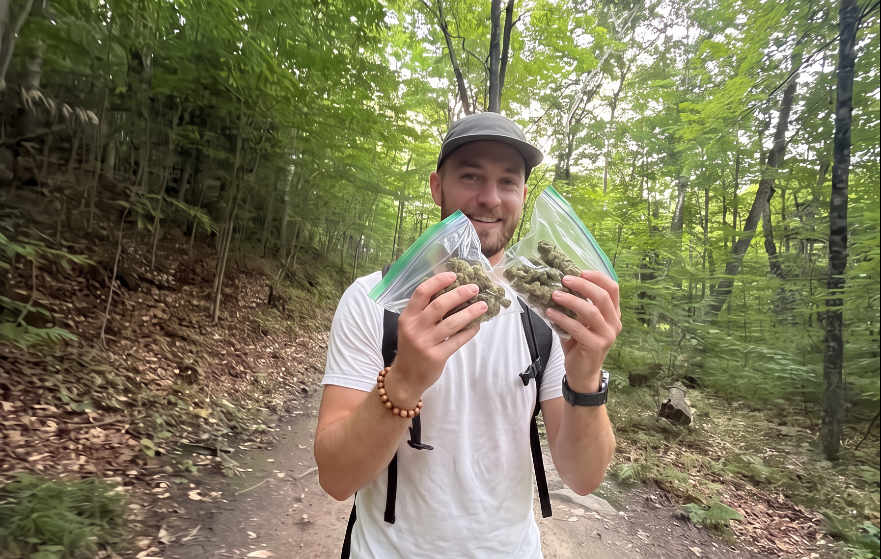 Man hiking through a forest while holding two bags of cannabis
