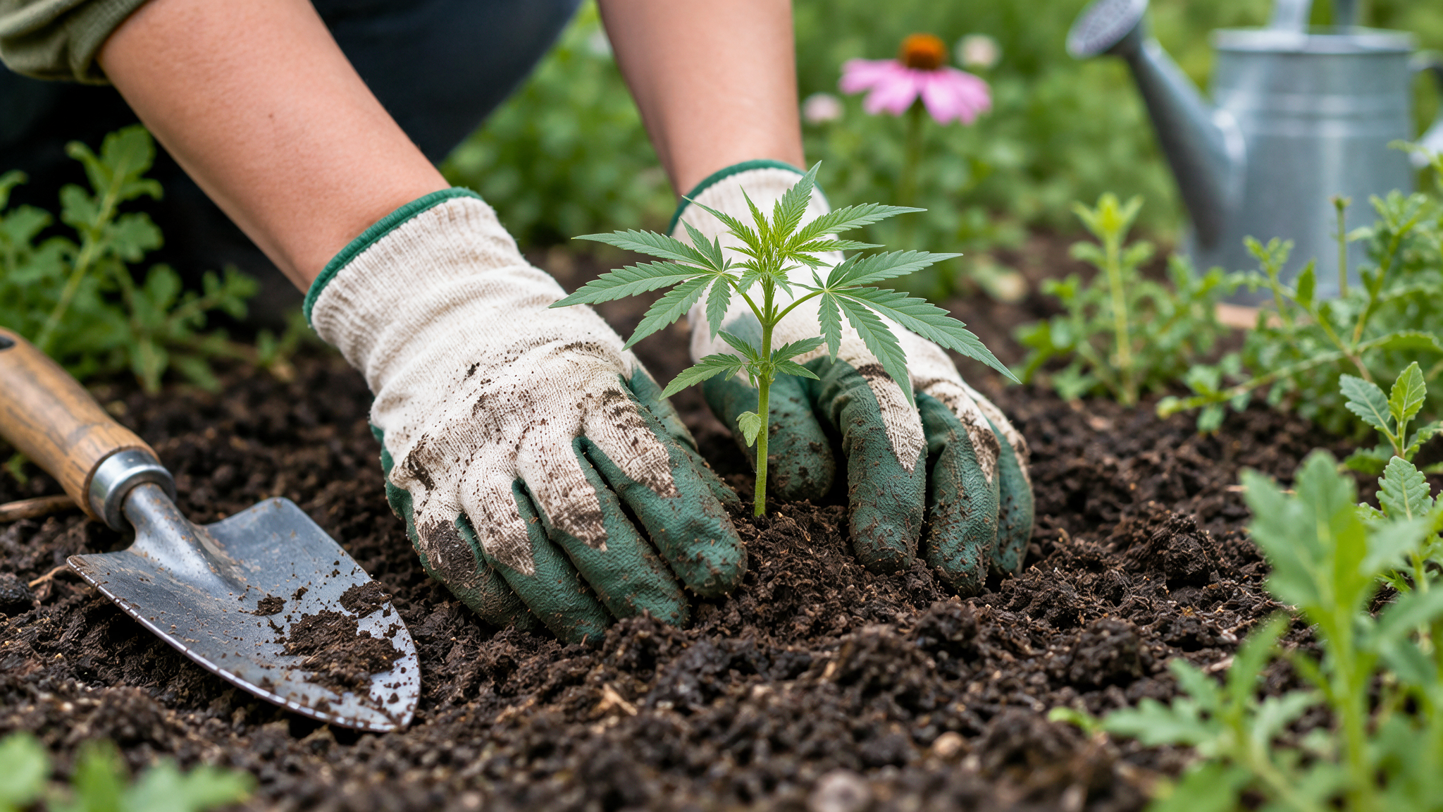 woman planting a cannabis plant