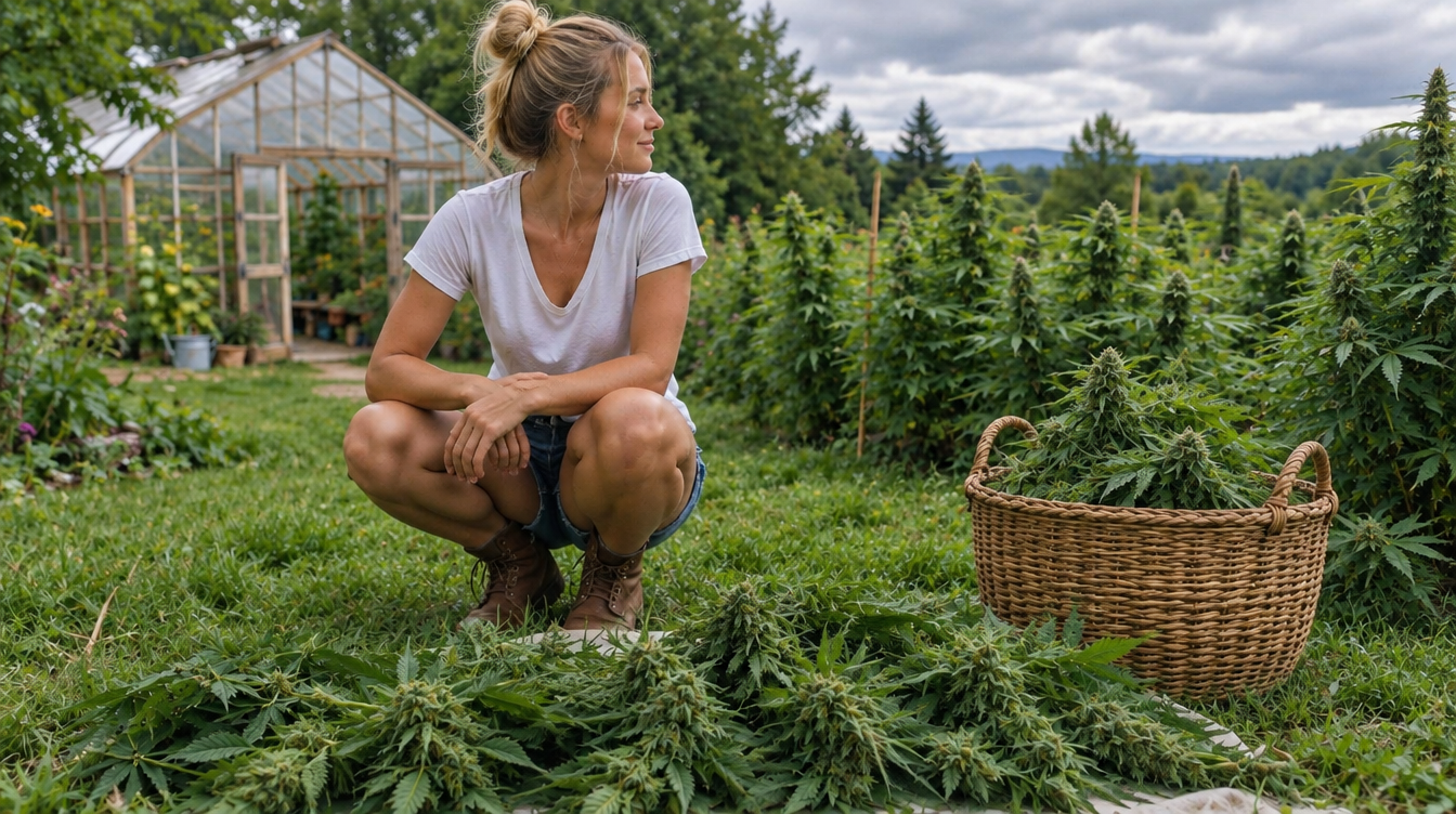 Blonde woman posing in a crouched position beside a cannabis crop