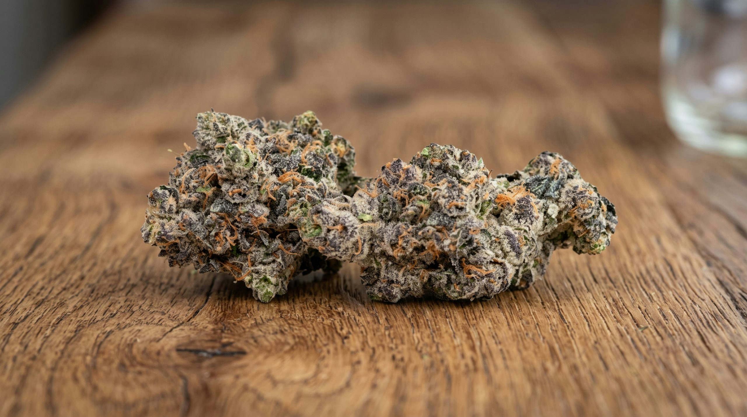 Close-up view of cannabis flower buds over a wooden table