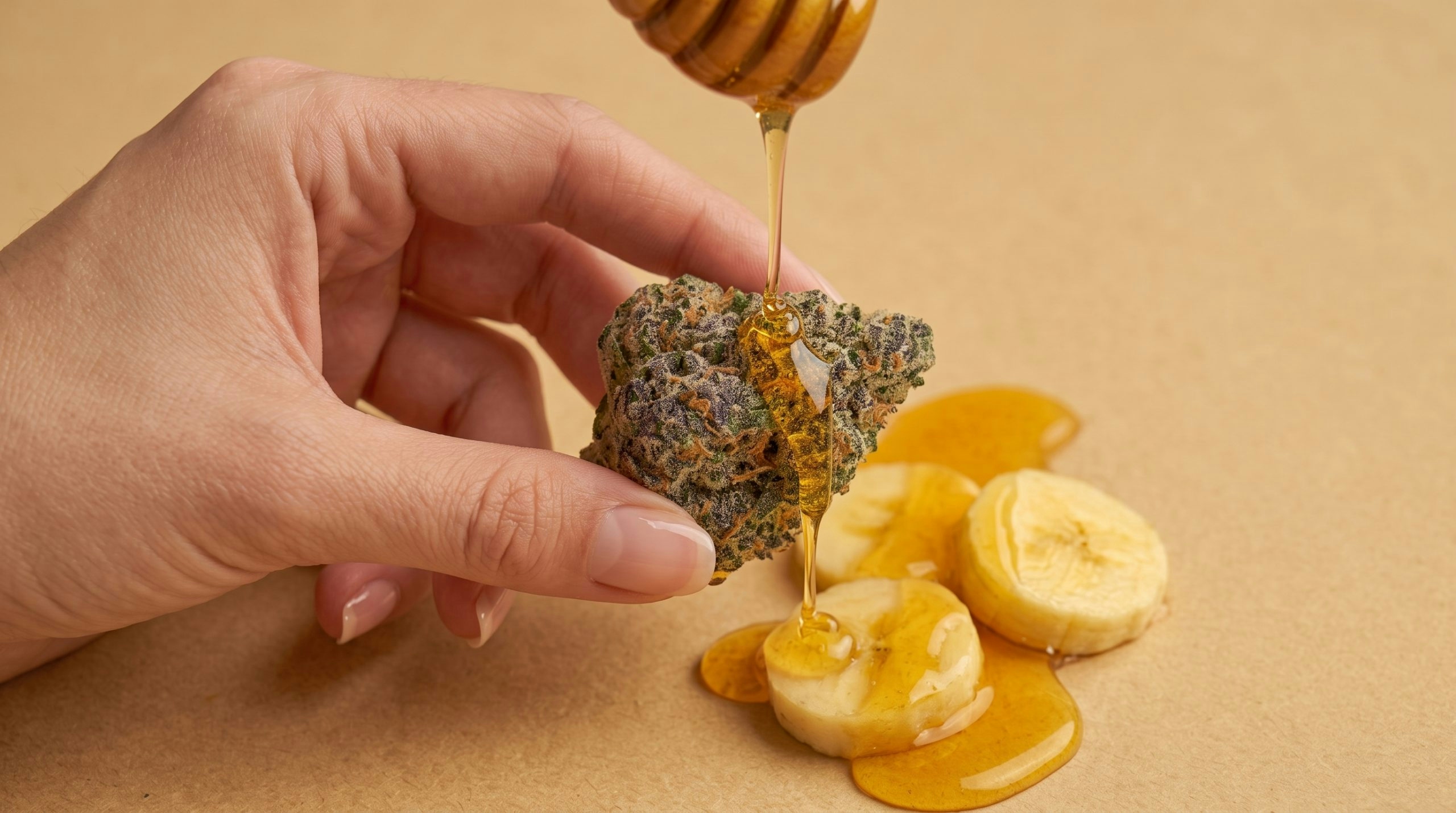Close-up of a hand holding a cannabis bud with honey dripping over it and banana slices nearby
