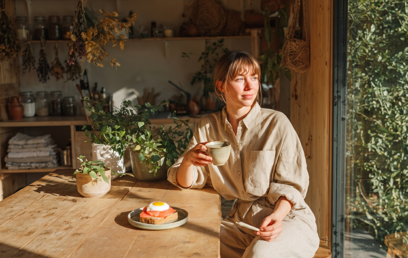 Woman sitting in a clean, stylish living room smoking a cannabis joint