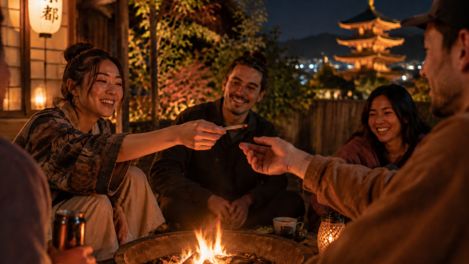 Relaxed social gathering with firelight, smoke, and nighttime ambiance