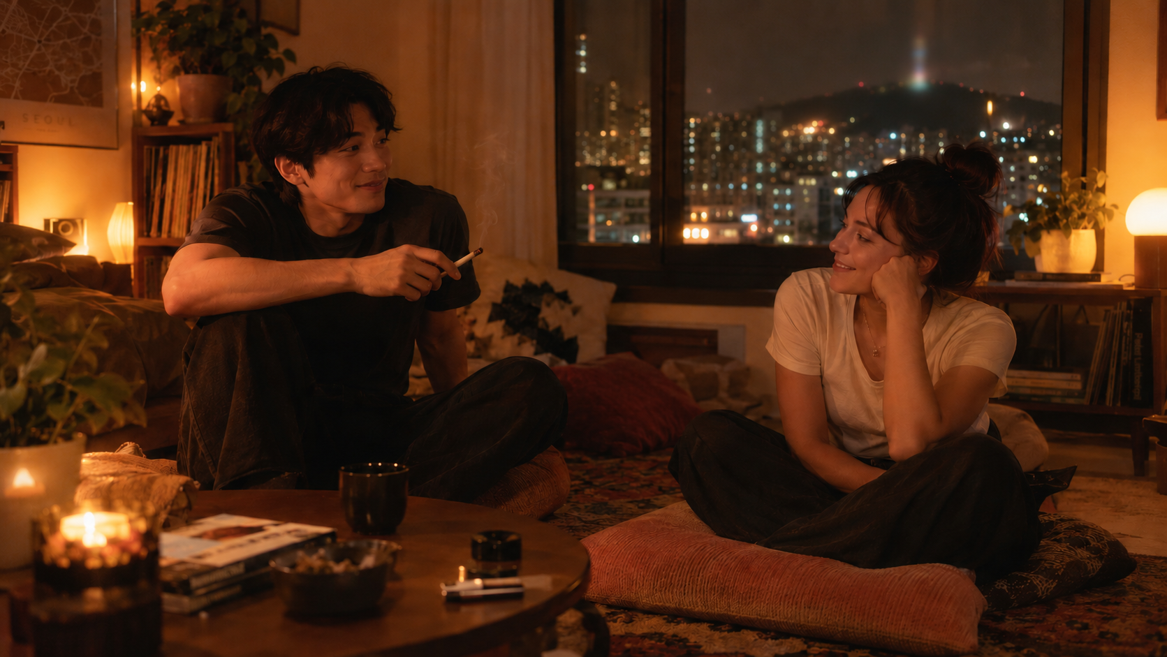 Friends relaxing in cozy apartment with warm lighting and city view