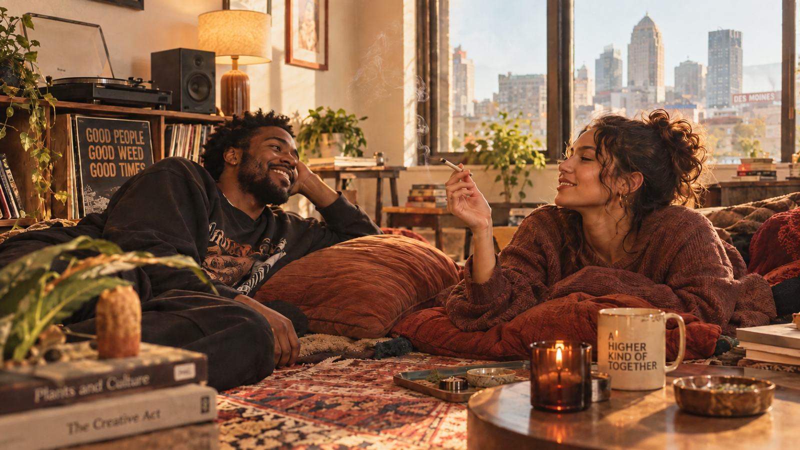 Cozy apartment gathering with friends, smoke, plants, and city views