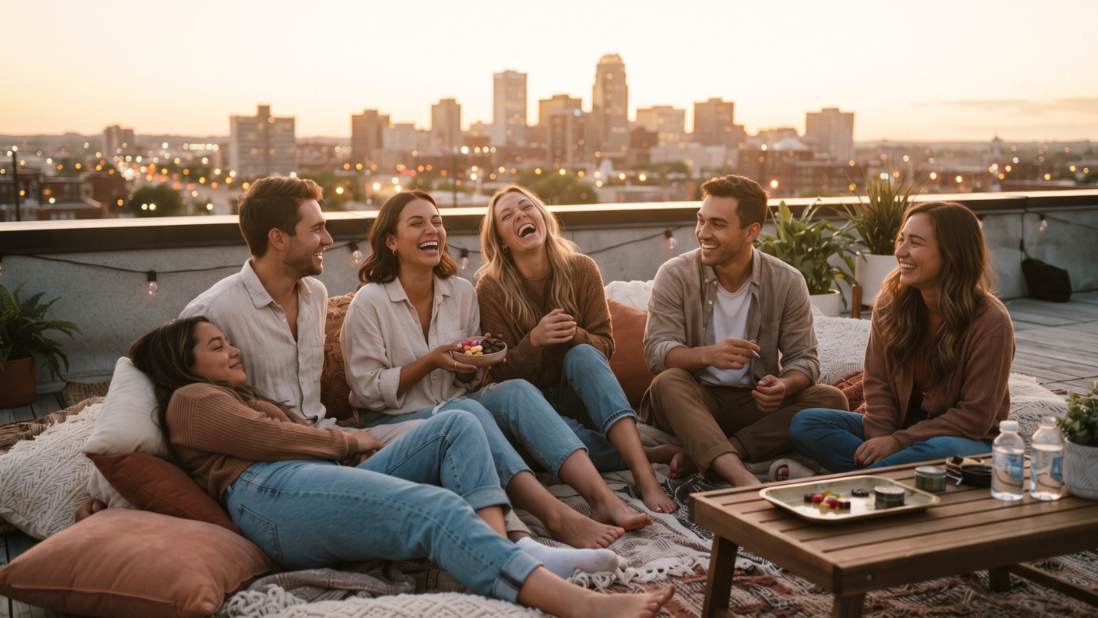 Communal cannabis lifestyle scene with group sharing snacks and rolling tray on rooftop.
