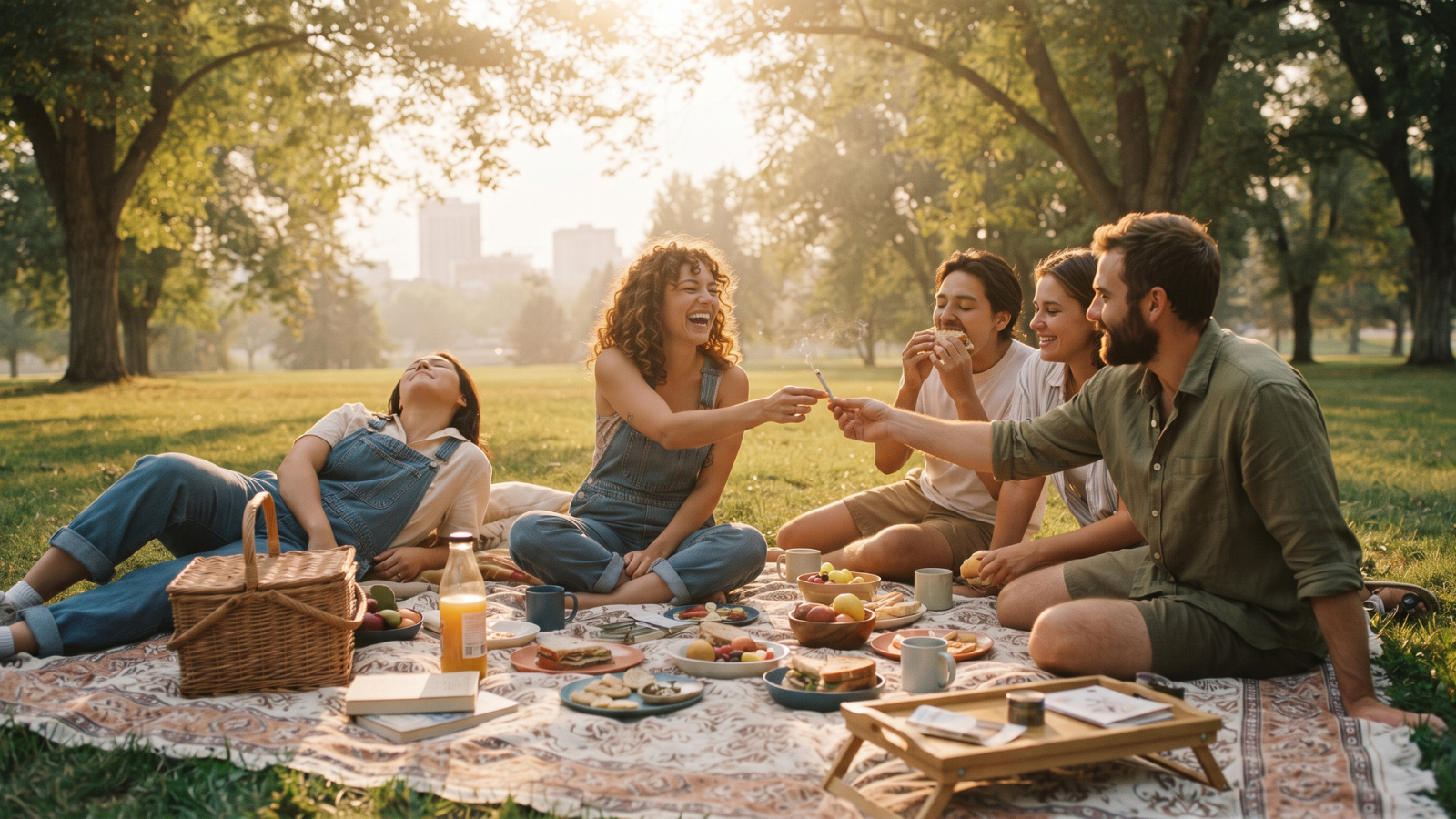 Group of friends sharing a joint during a golden hour park picnic