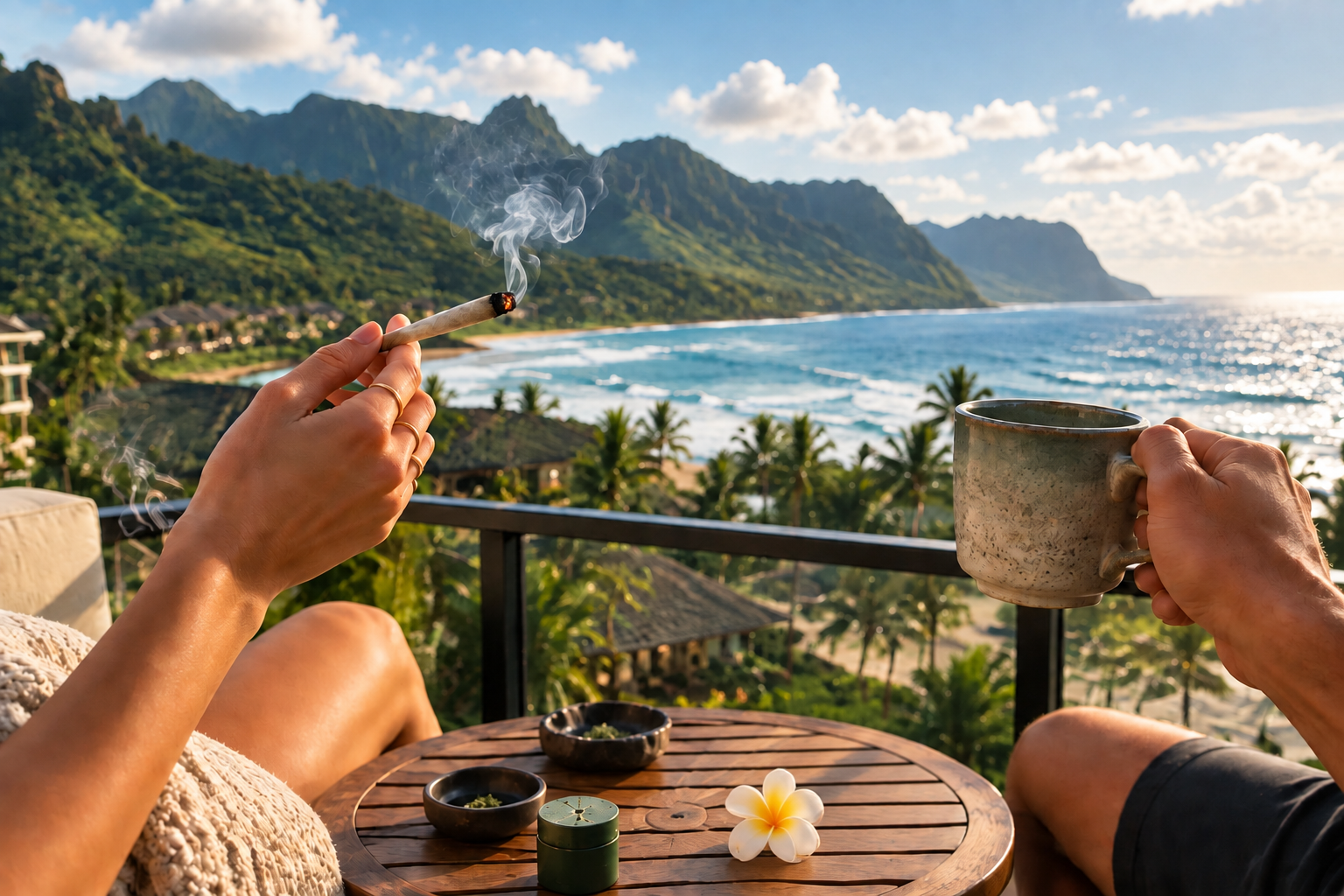 Hands holding joint and mug overlooking ocean resort landscape