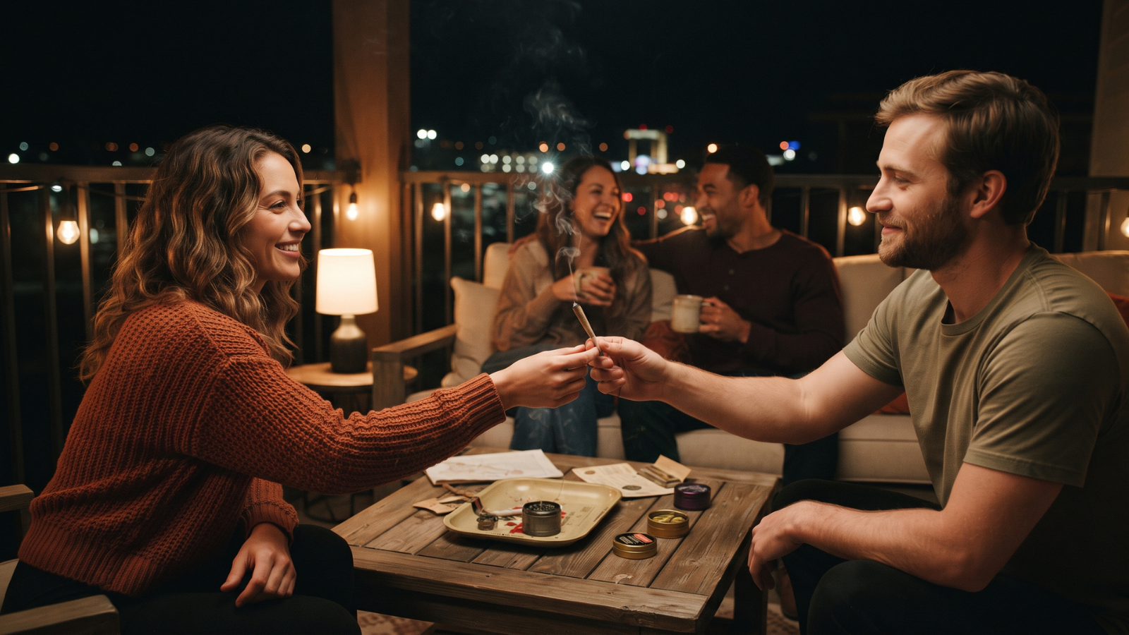 Group of friends laughing and sharing a lit cannabis joint on a rooftop patio at night.