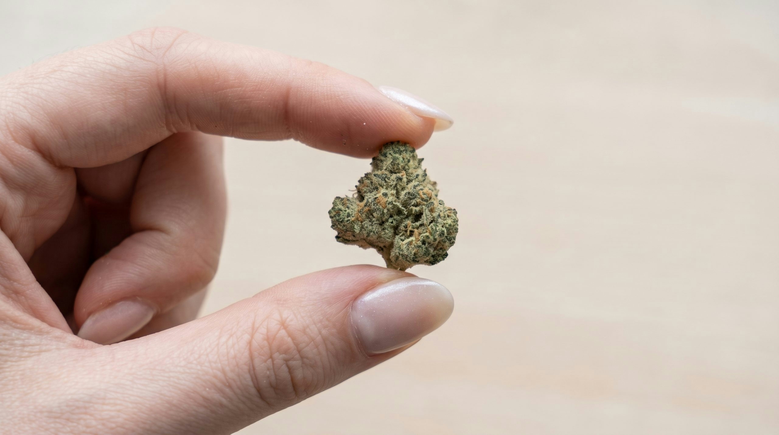 Woman holding a cannabis bud between her index finger and thumb