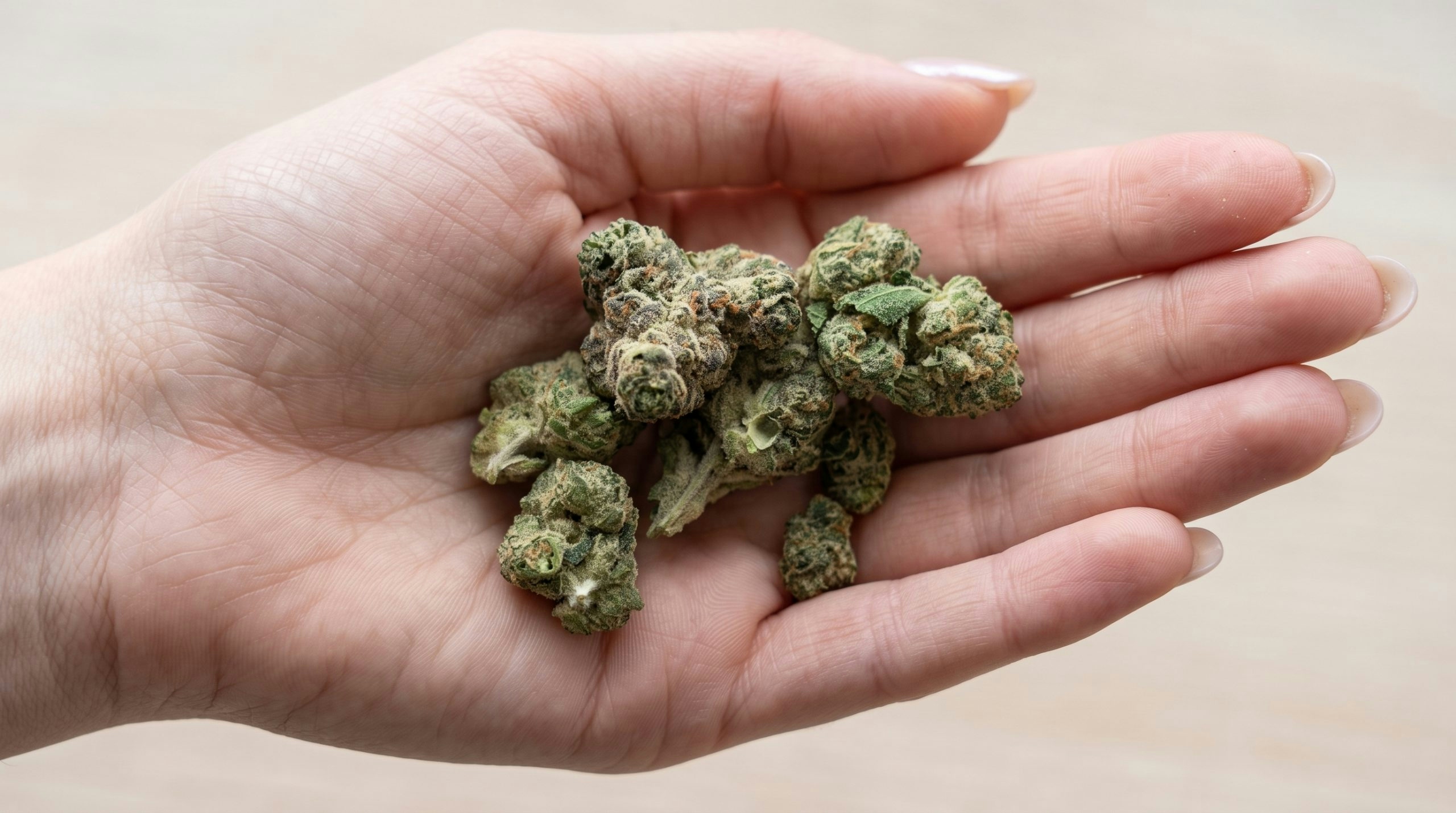 Cannabis bud resting on a woman’s open hand