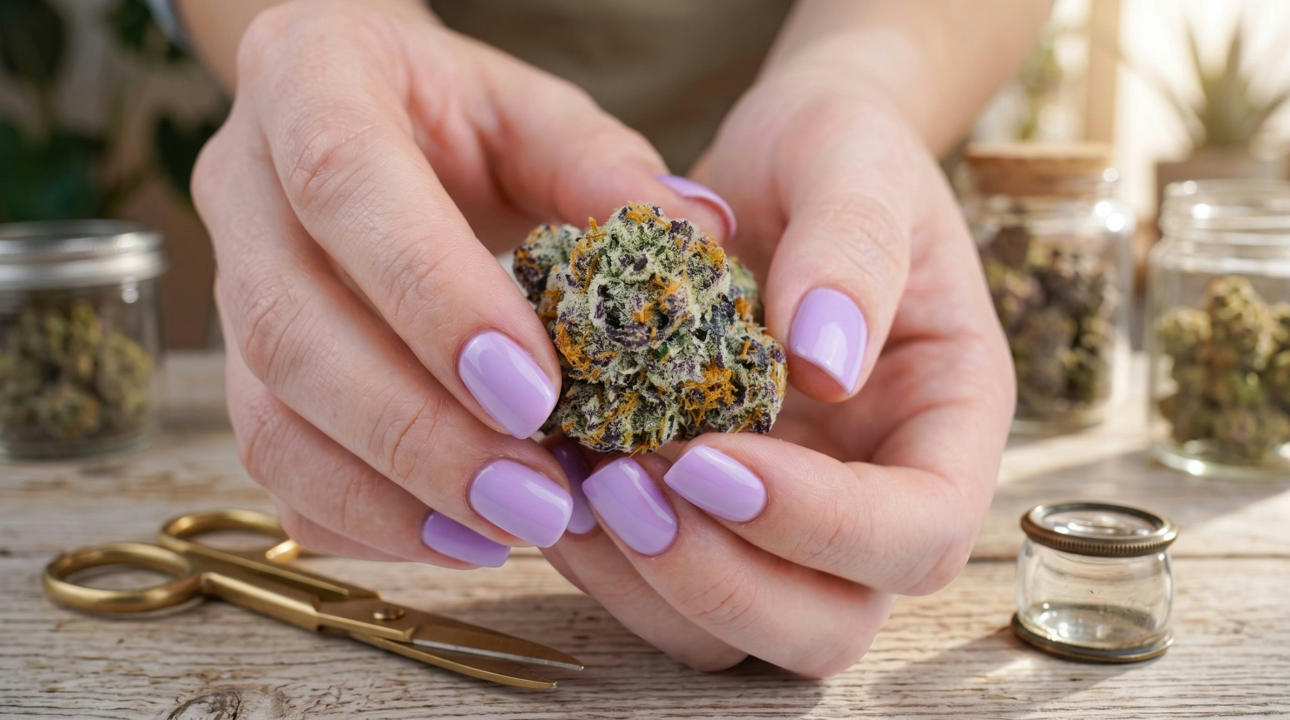 Woman holding a Bolo Runtz cannabis flower with pastel purple nails