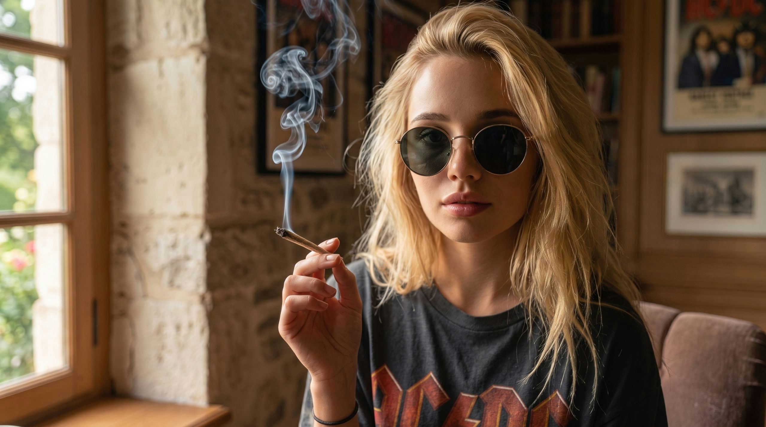 Blonde woman in dark sunglasses smoking a joint