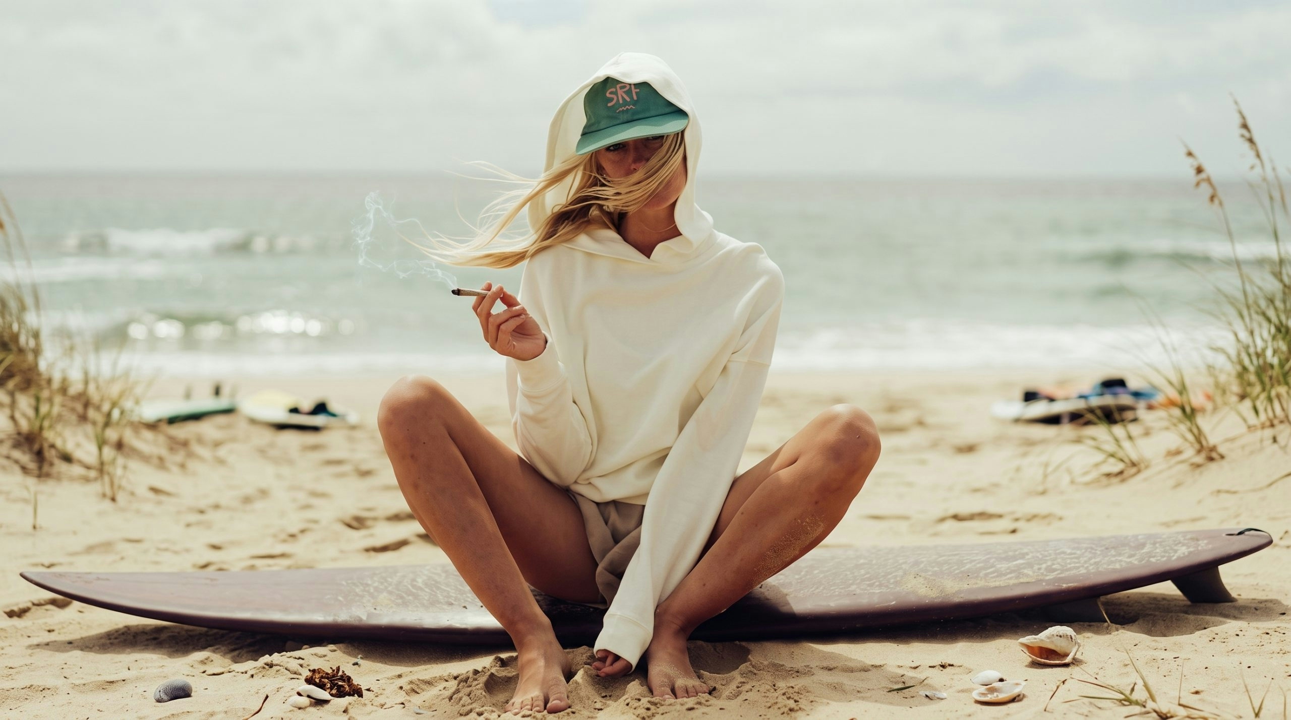 Blonde woman wearing a green hat and smoking a cannabis joint, lifestyle portrait