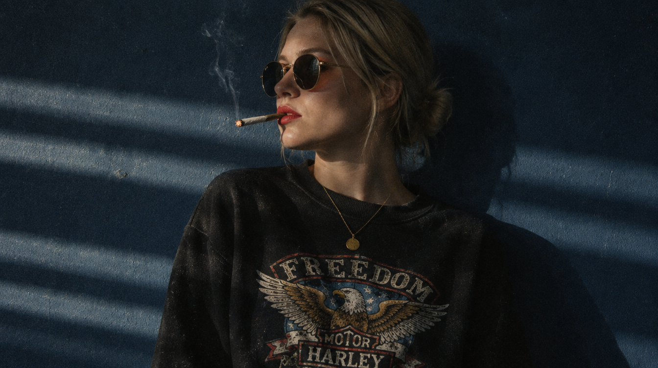 Blonde woman in dark sunglasses smoking a joint