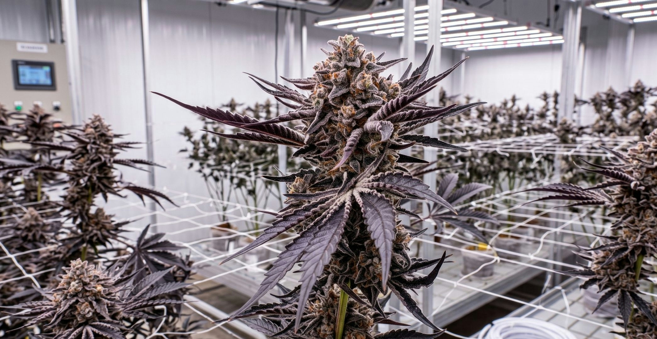 Cannabis plant growing with healthy green leaves and developing flowers