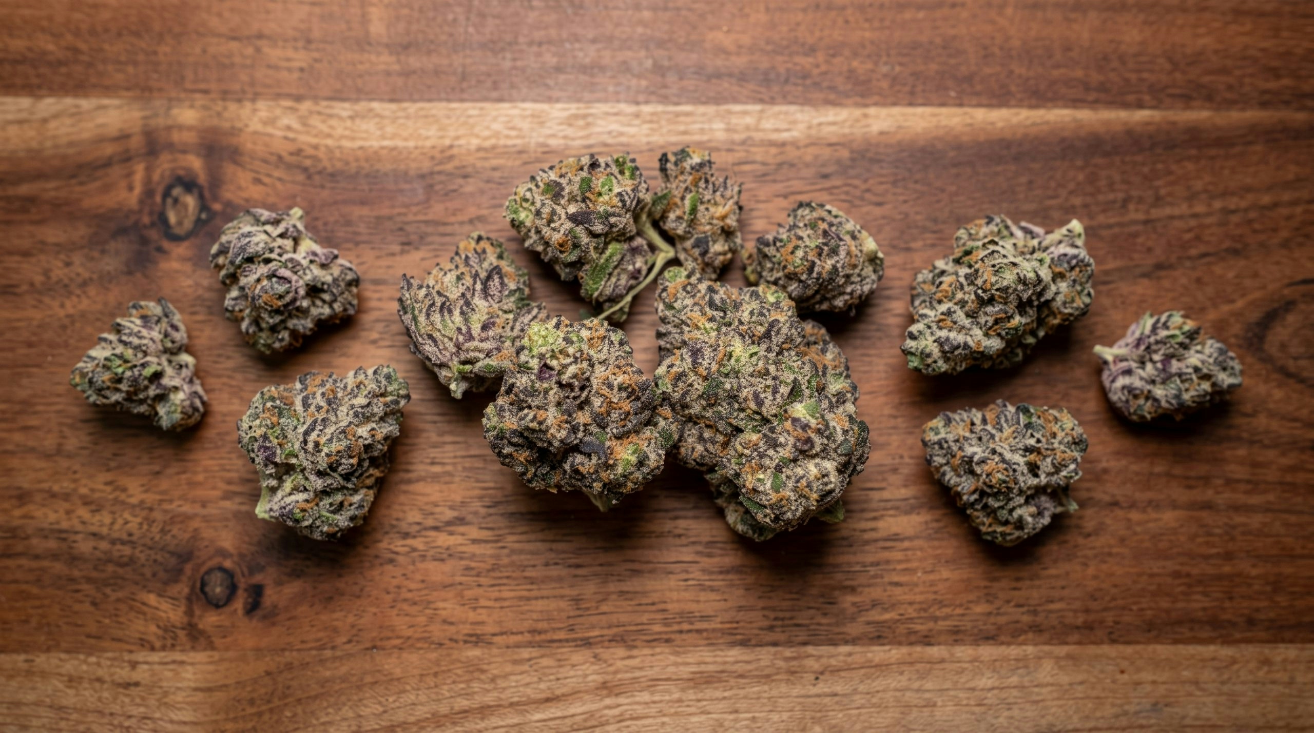 Cannabis buds resting on a wooden table