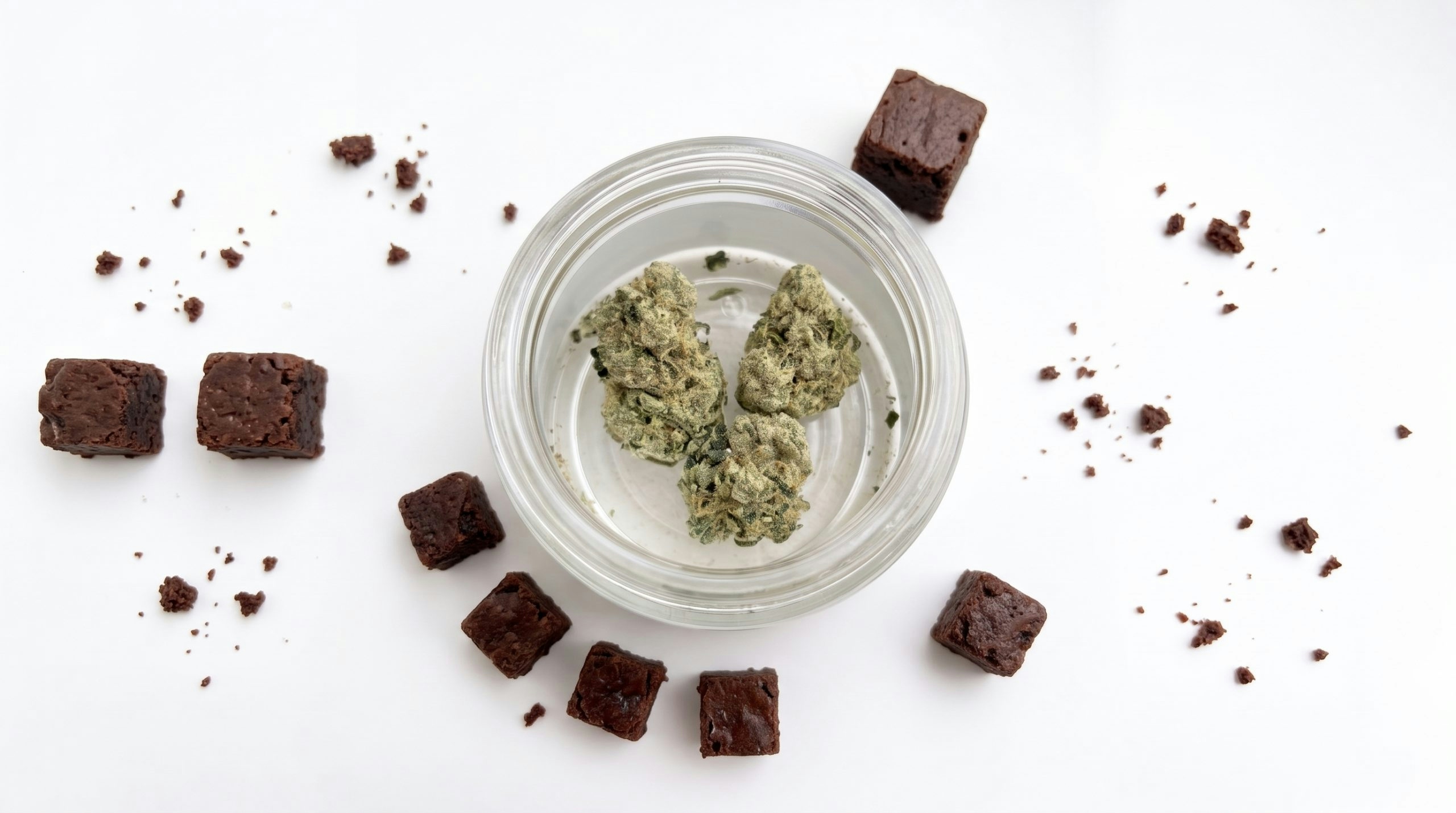 Several cannabis buds arranged around chocolate brownies