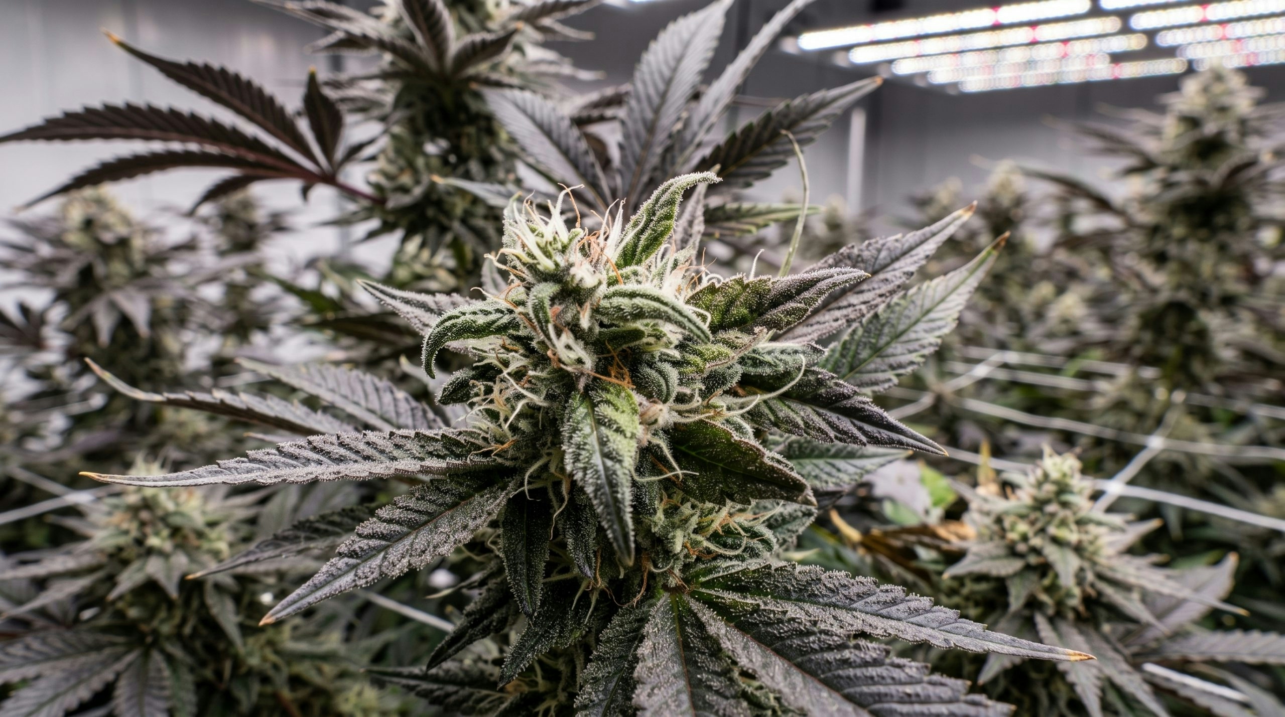 Cannabis plant growing with healthy green leaves and developing flowers