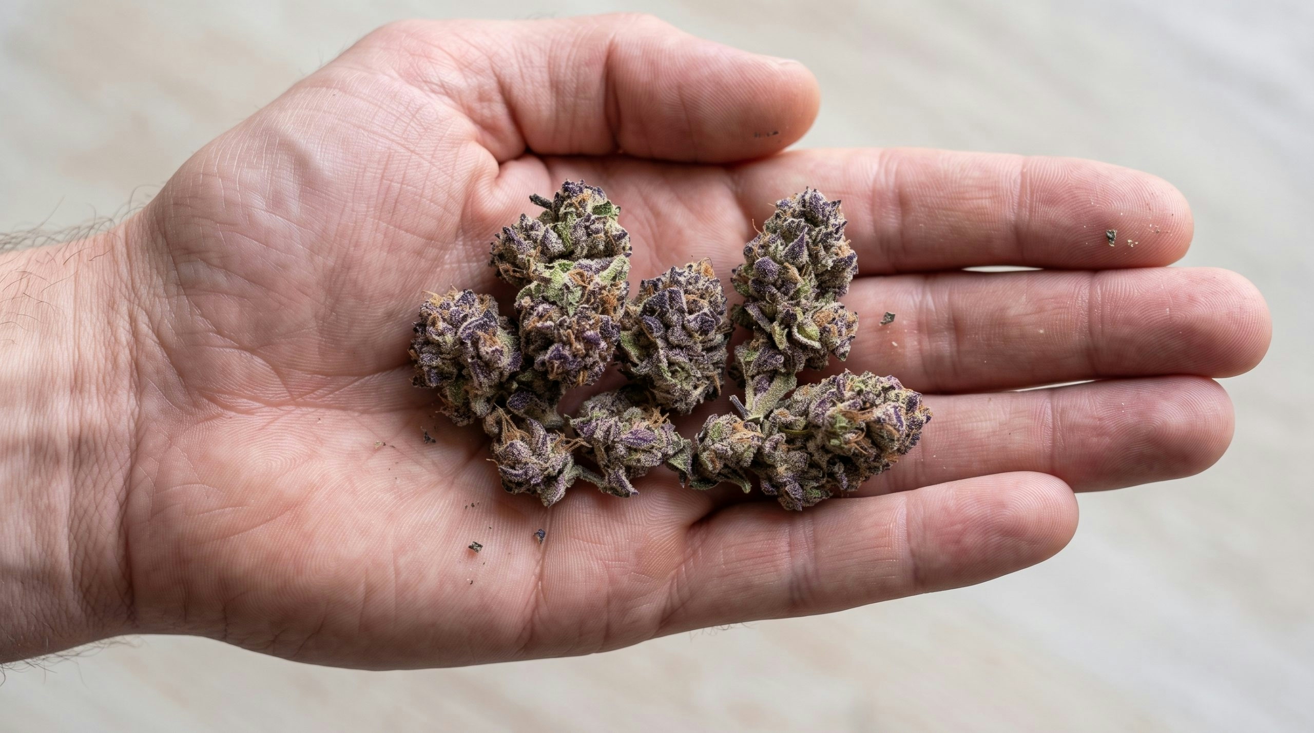 Hand holding a premium cannabis bud covered in frosty trichomes