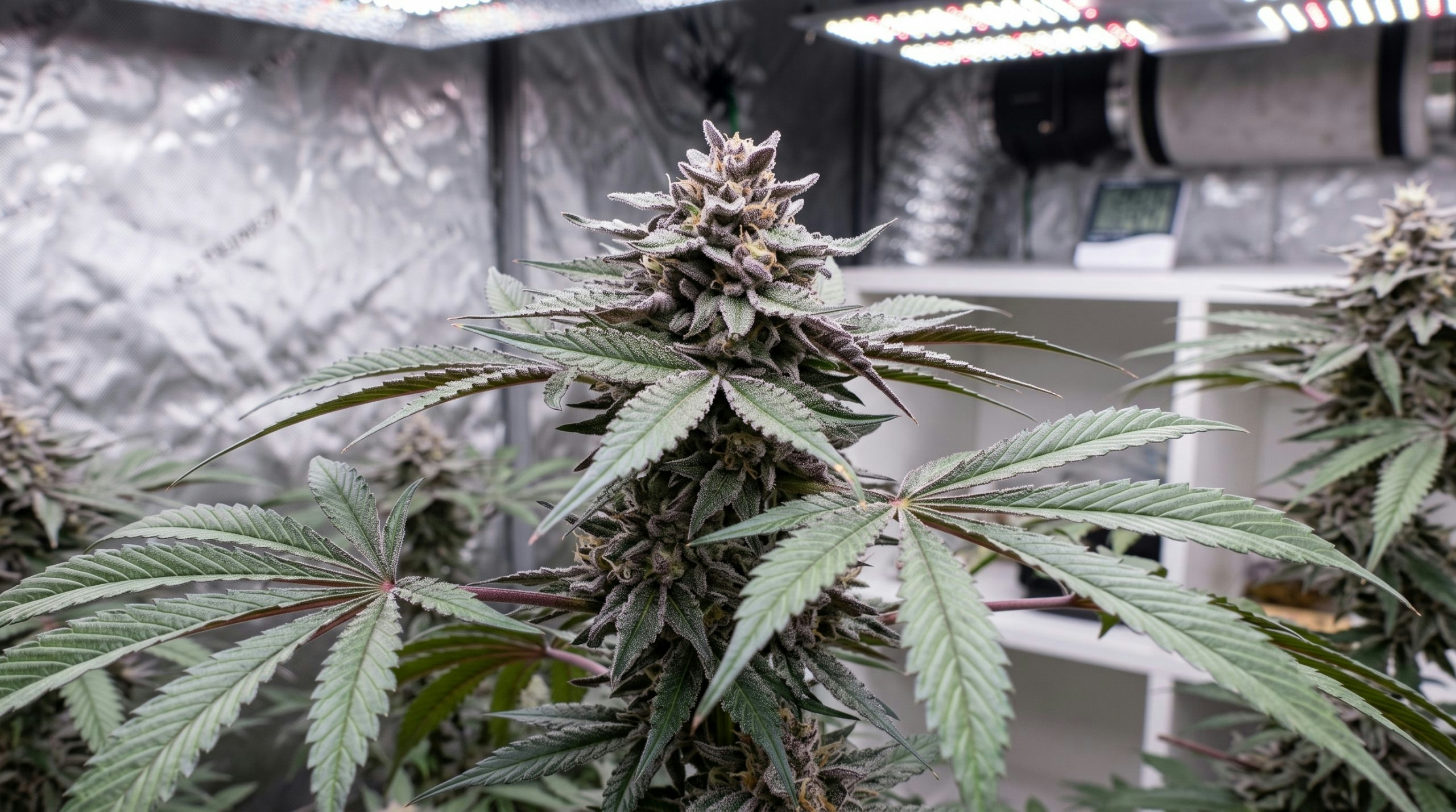Gush Mintz cannabis plant growing with green foliage and flowering buds