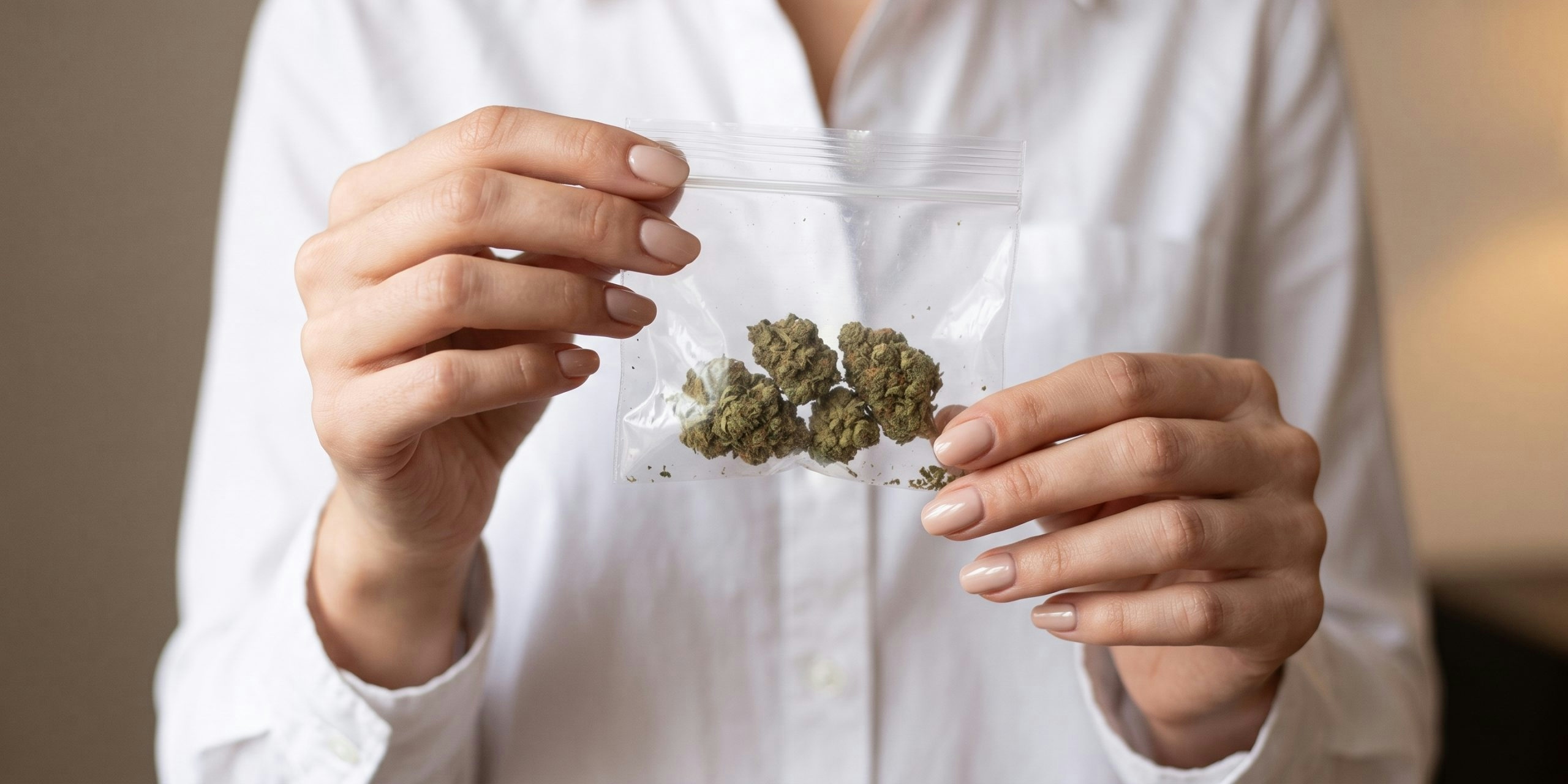 woman holding a cannabis bag with weed buds inside