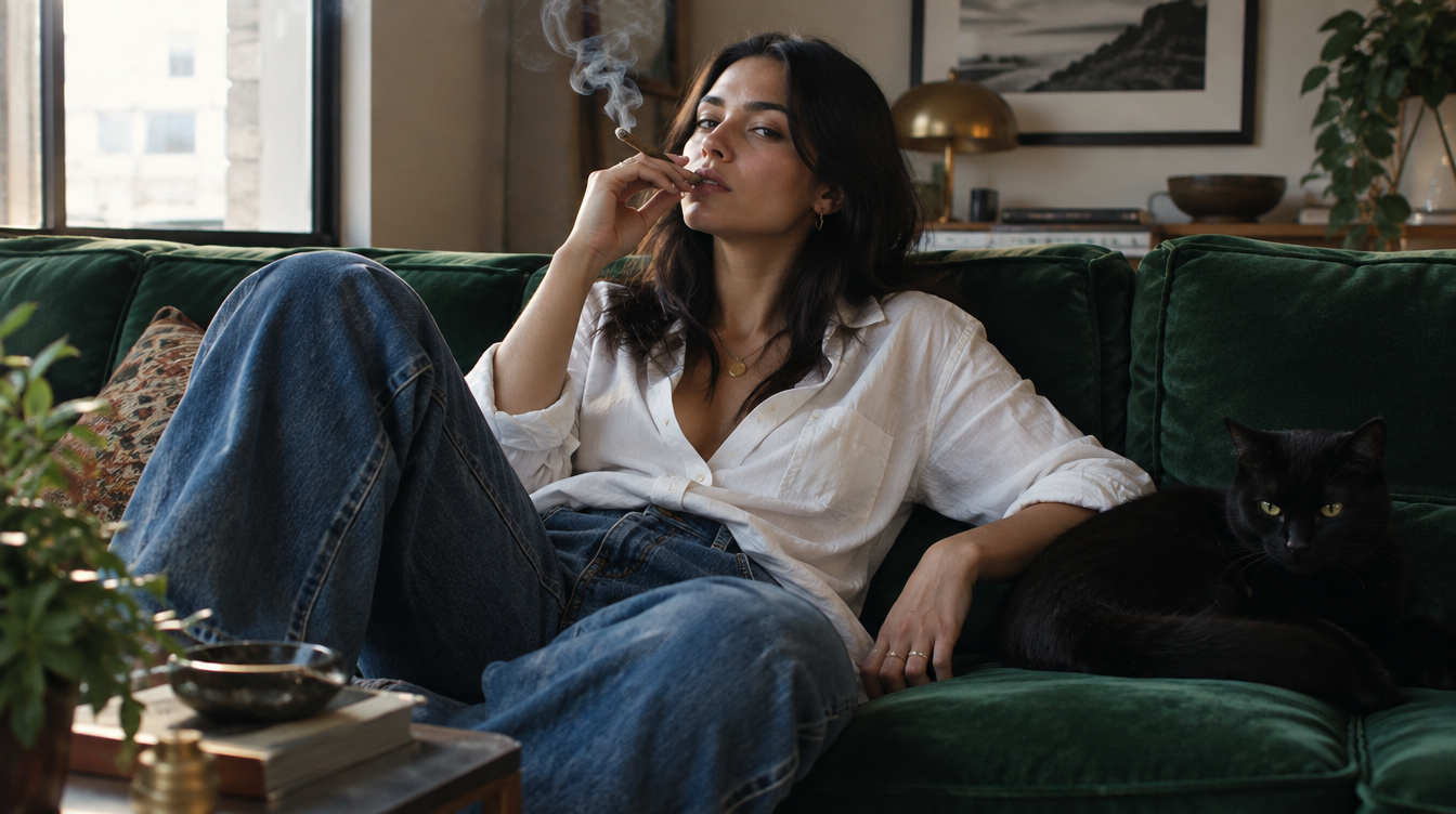 Brunette woman smoking a cannabis joint alongside a black cat in a relaxed lifestyle setting