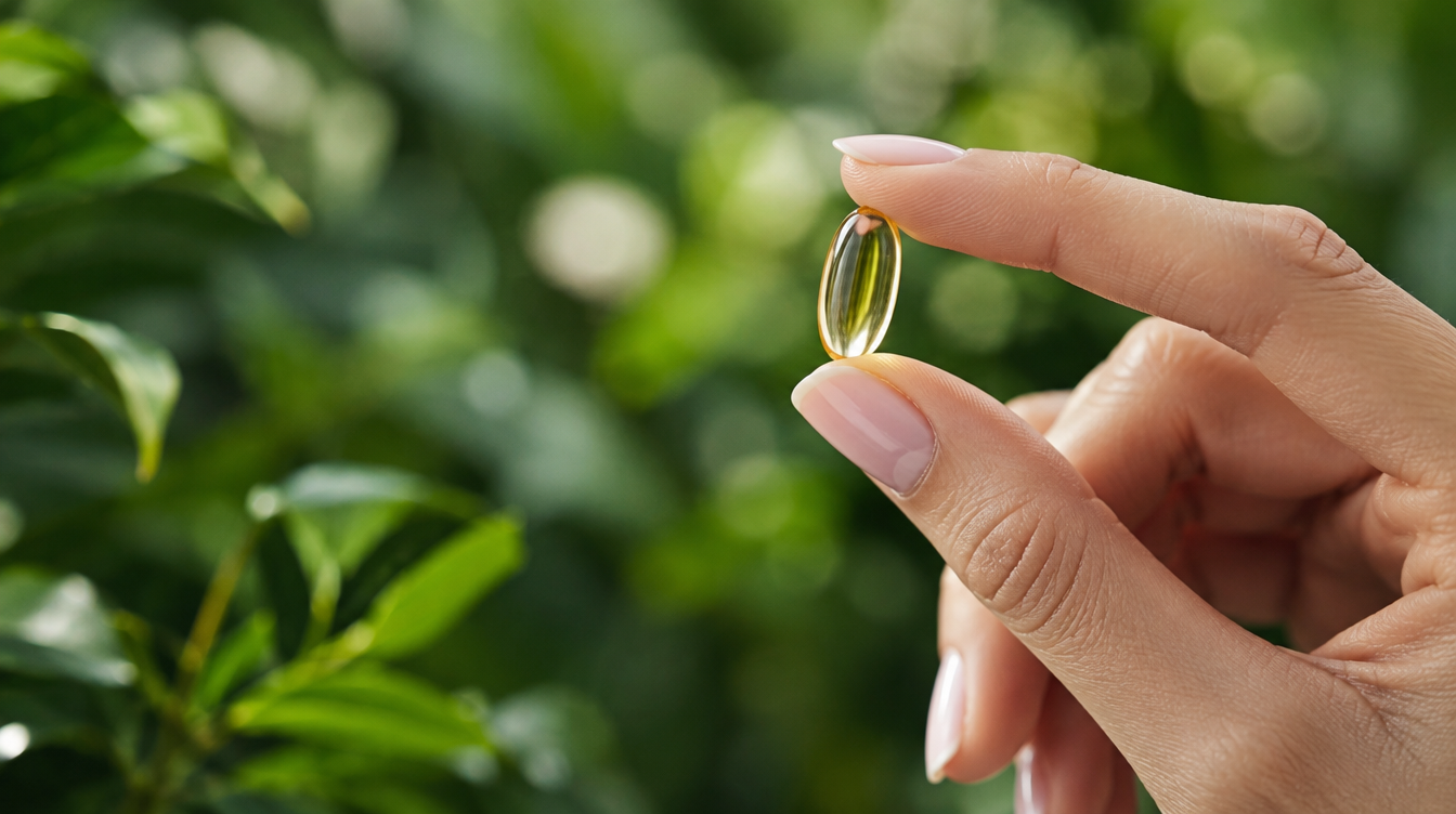 Close-up of a softgel capsule held in a woman’s hand