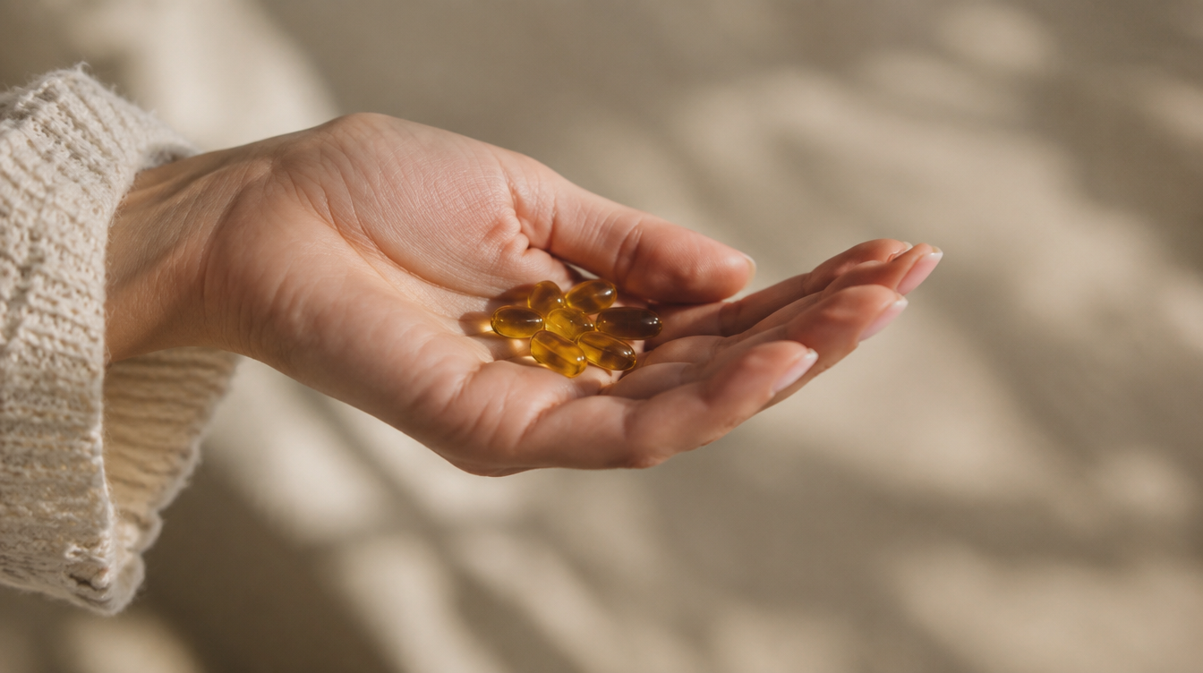 Woman’s hand holding several softgel capsules against a clean background