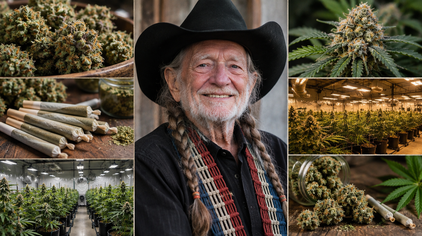 Willie Nelson collage incorporating cannabis leaves, flowering cannabis plants, and botanical details
