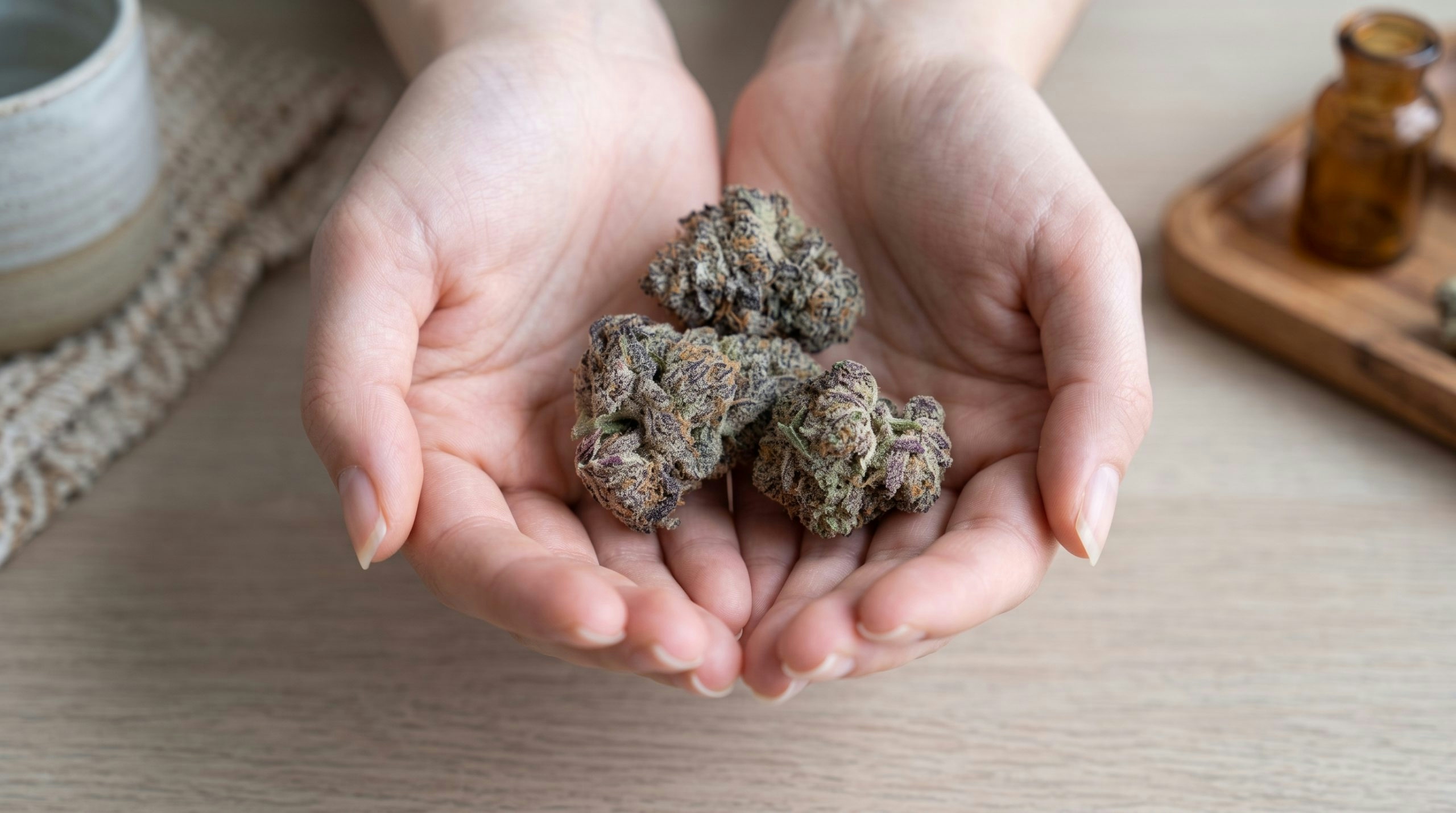 Hand holding two cannabis buds