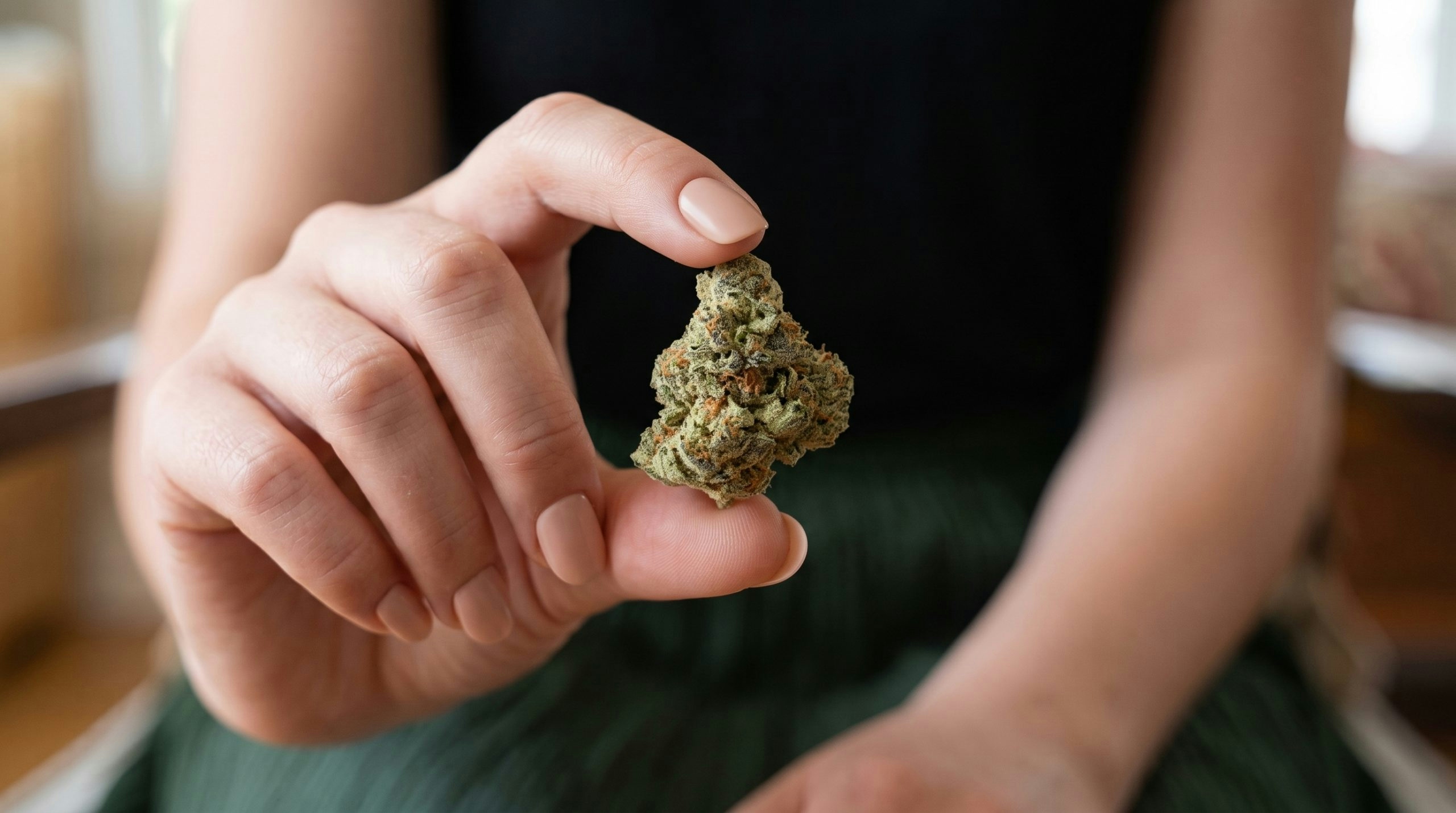 HAND HOLDING A CANNABIS BUD