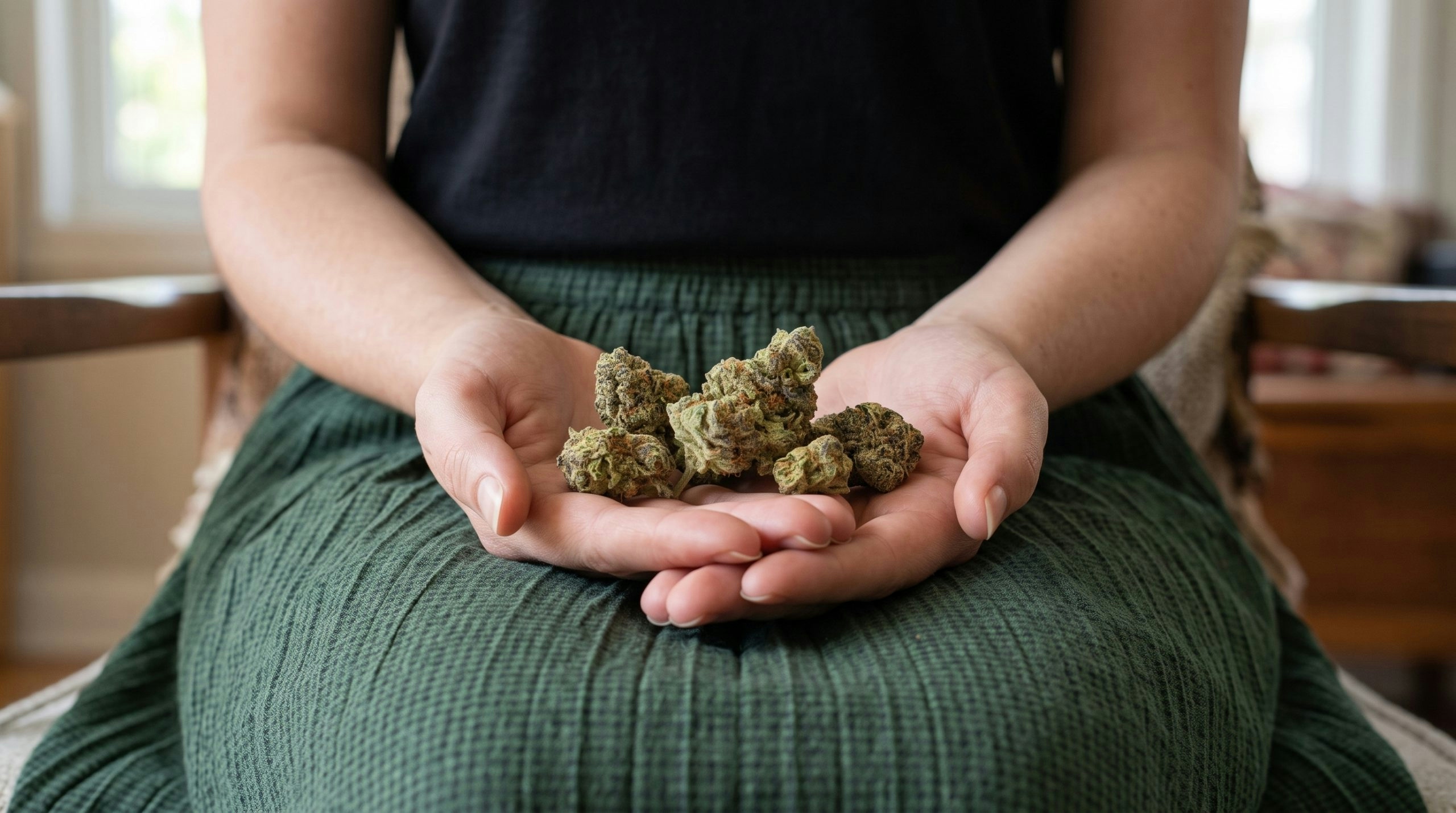 woman with a bunch of cannabis buds on her hands