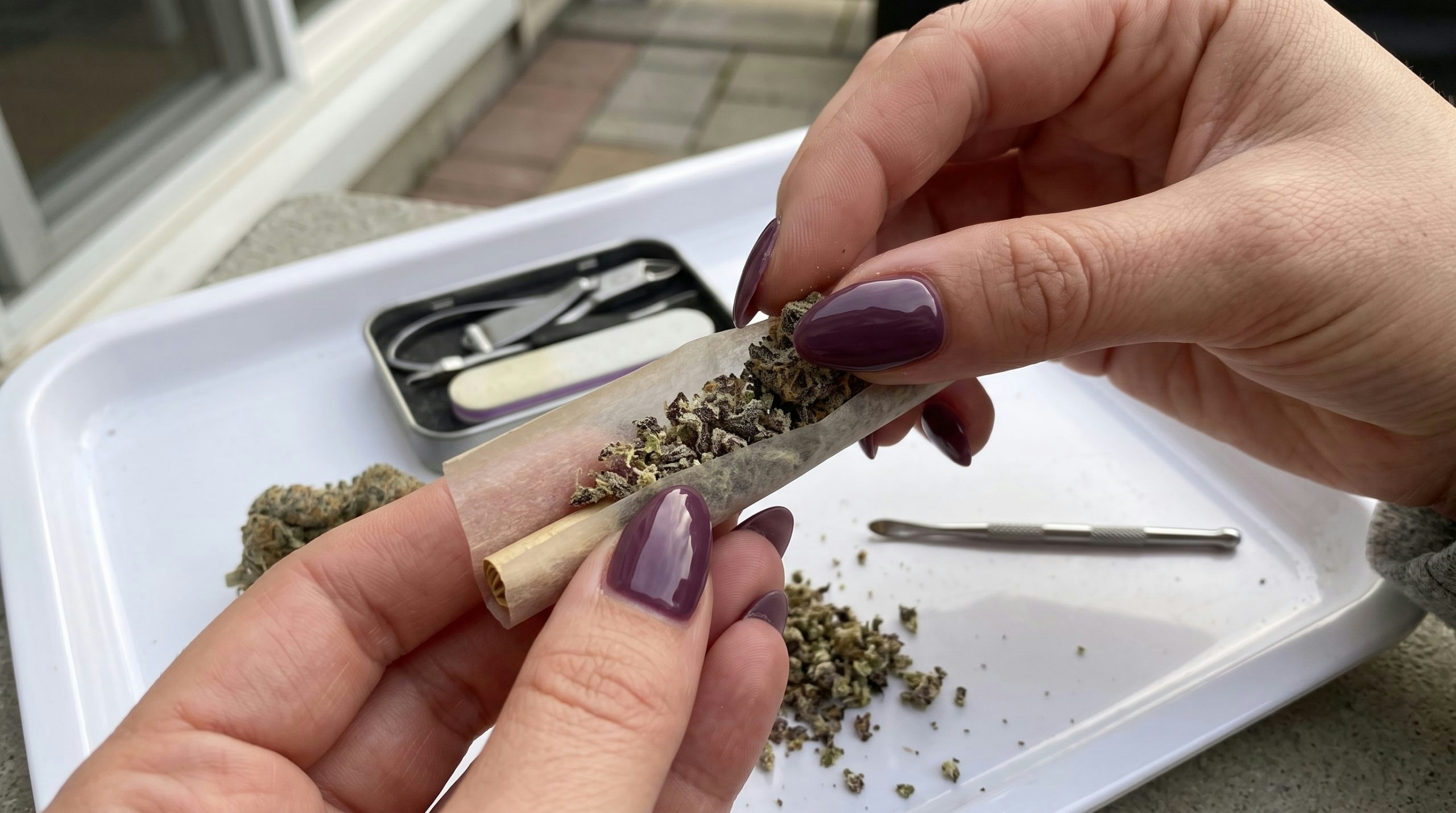 Woman hand-rolling a cannabis joint