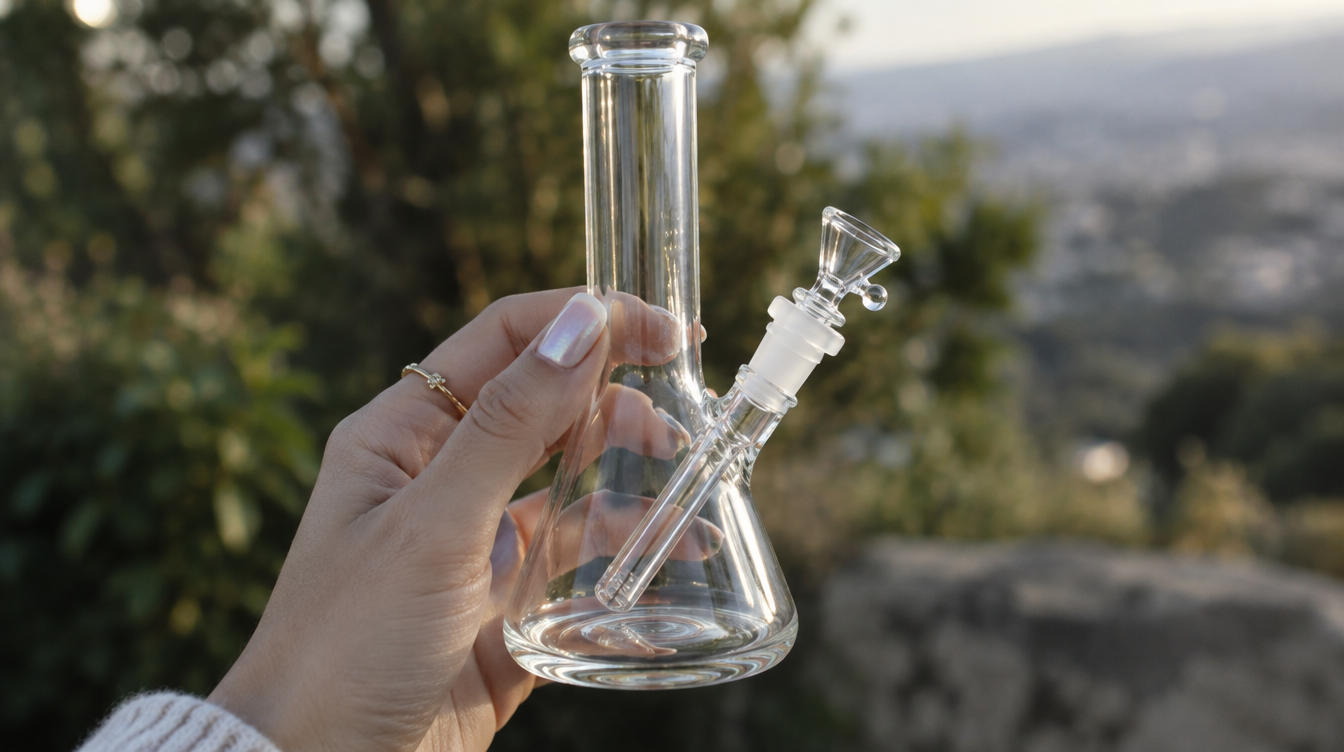Woman holding a mini cannabis bong in her hand