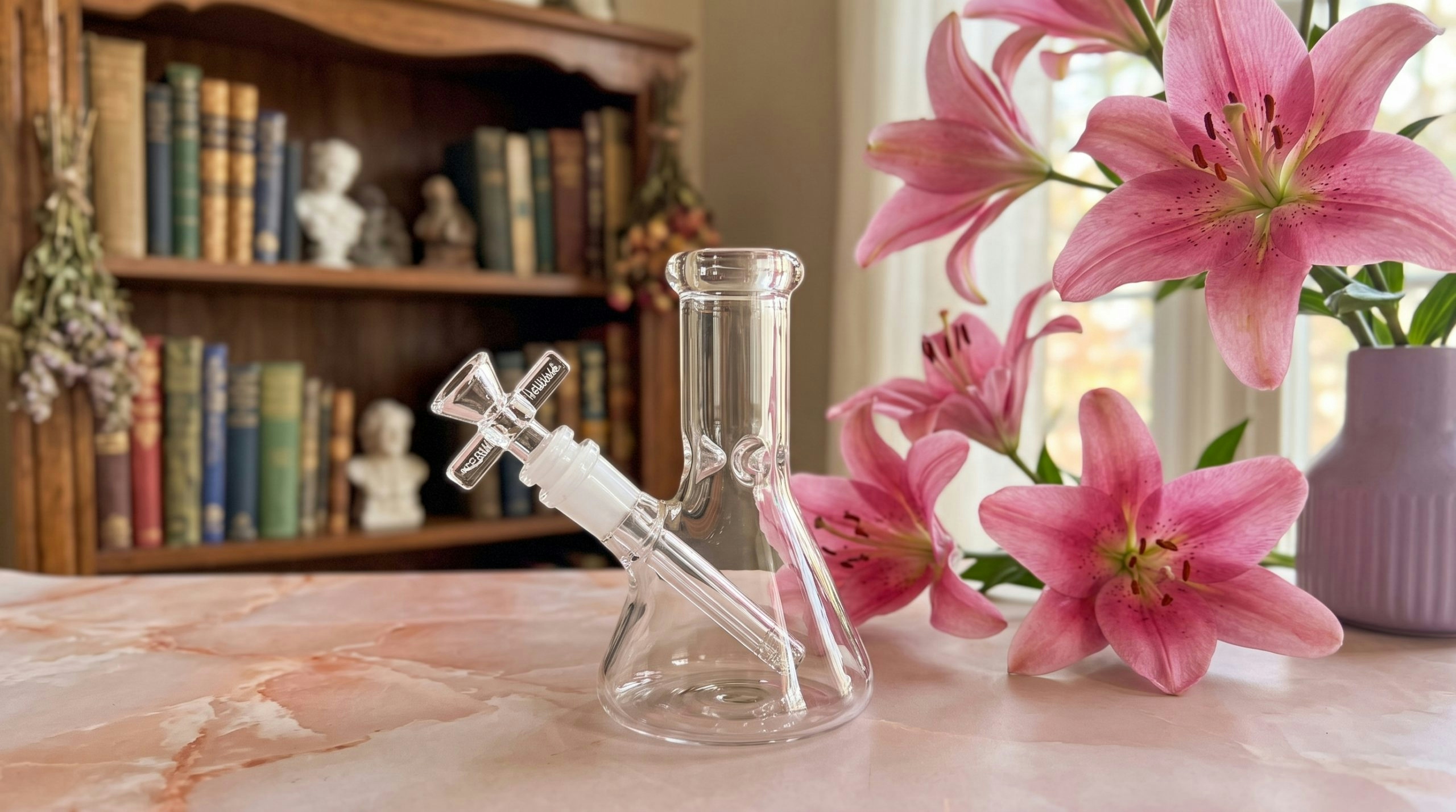 Mini cannabis bong resting on a table with lilies nearby