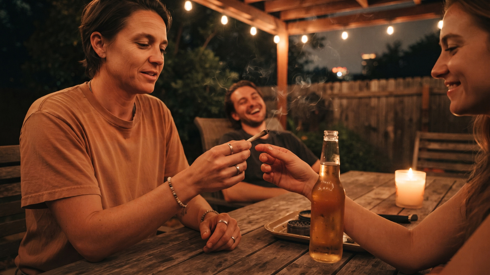 People passing a cannabis joint across a wooden table with string lights.