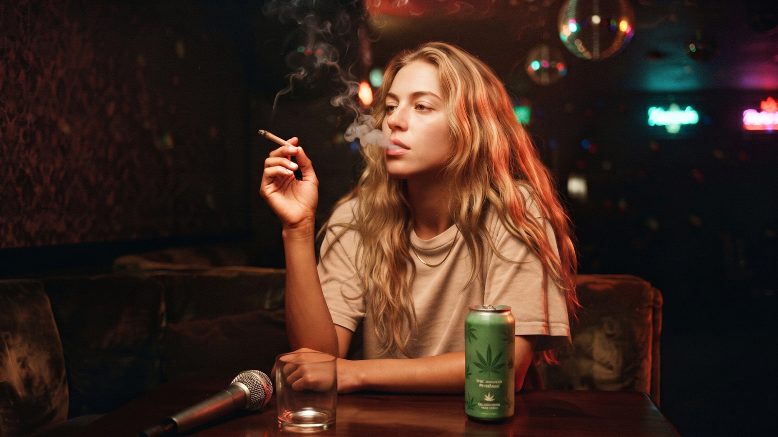 Intimate portrait of a woman smoking joint in warm, dimly lit bar.