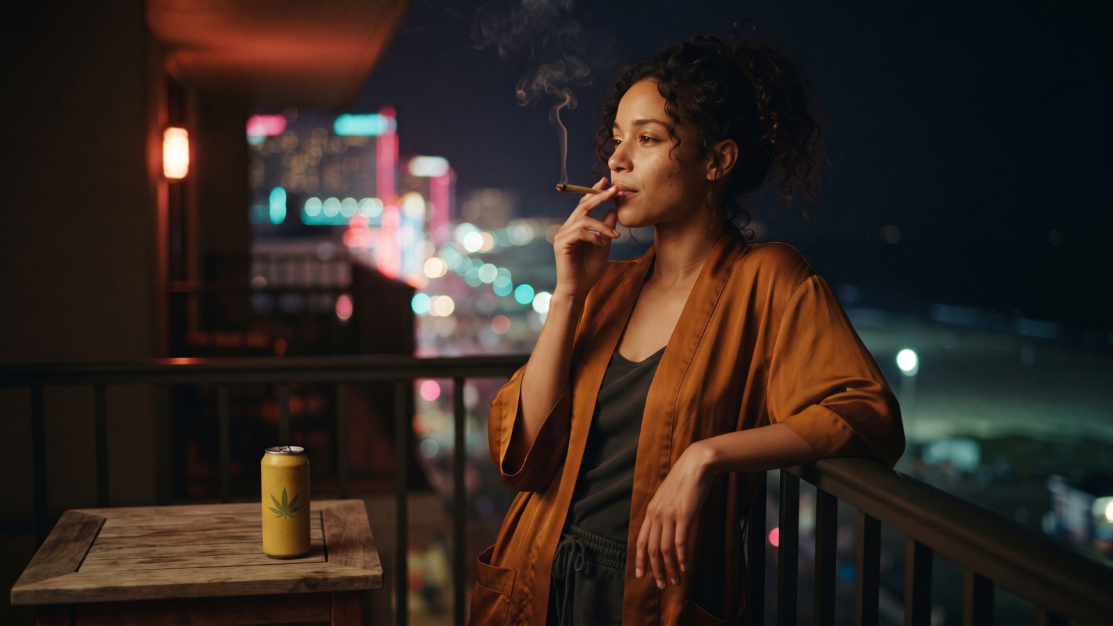 Cannabis use on balcony with neon city skyline at night