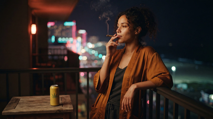 Cannabis use on balcony with neon city skyline at night