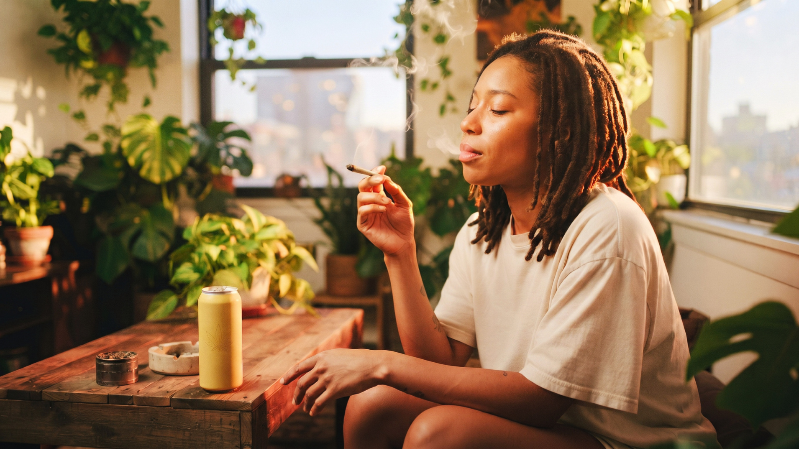 Candid photo of woman enjoying a joint in a plant-filled bohemian apartment.