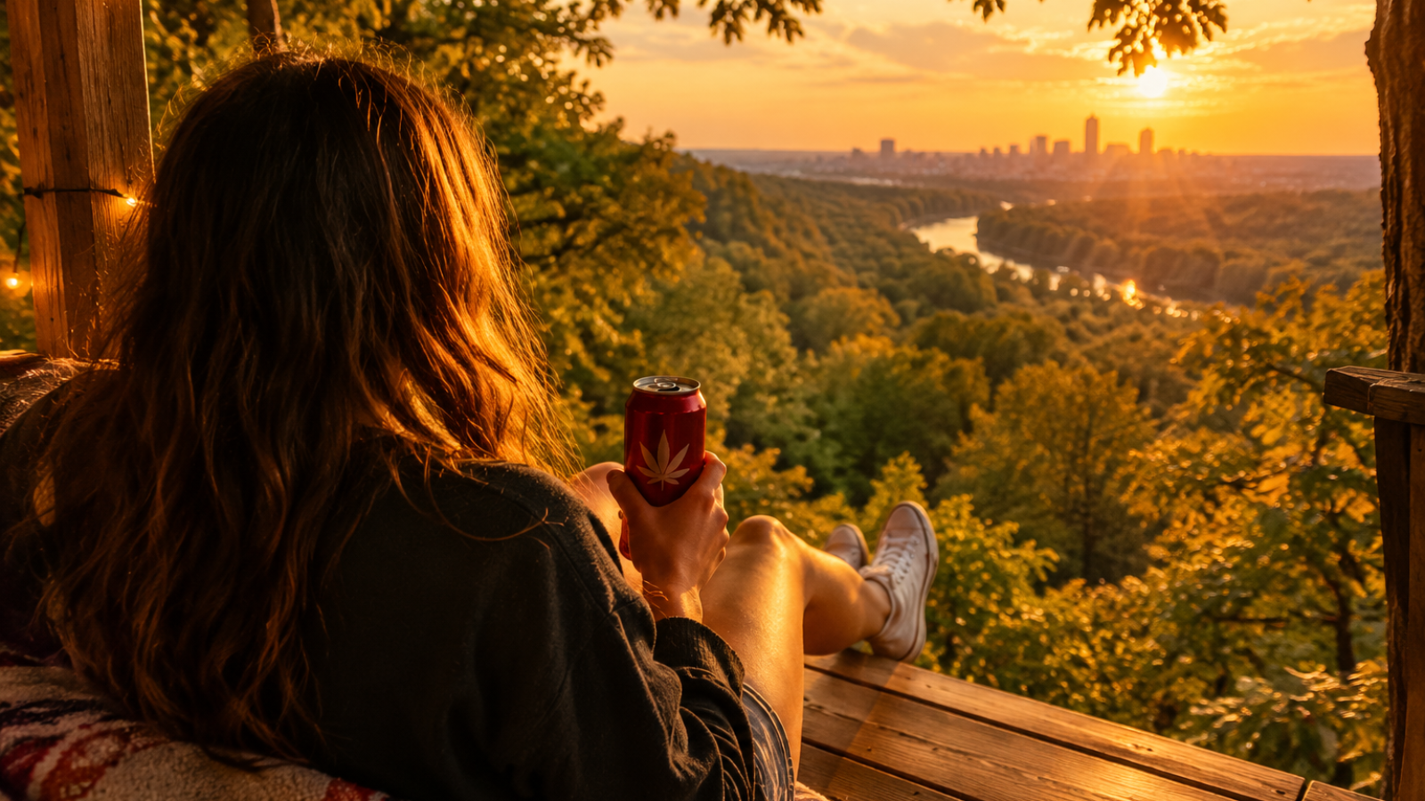 Person sitting on treehouse overlooking forest during golden hour