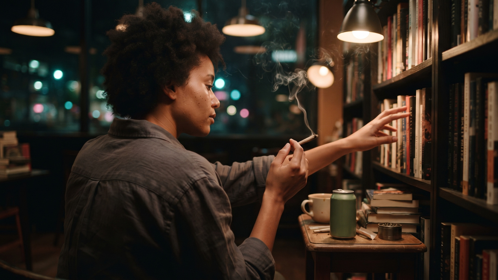 Person browsing bookstore shelves with cannabis smoke in quiet cafe