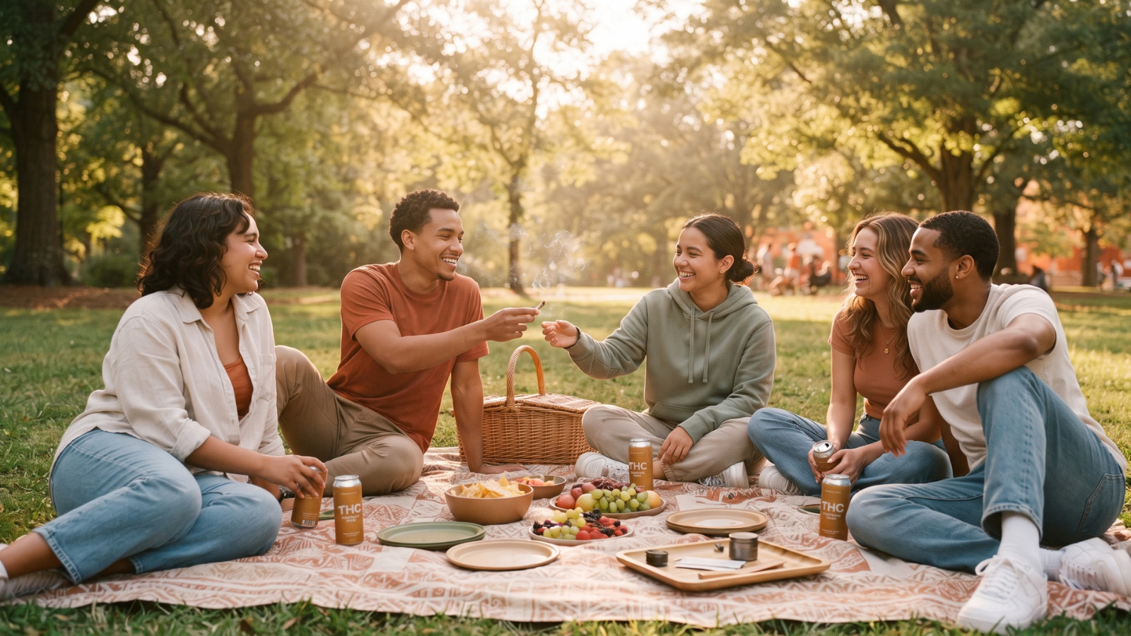 Friends relaxing on picnic blanket with cannabis drinks in sunny park