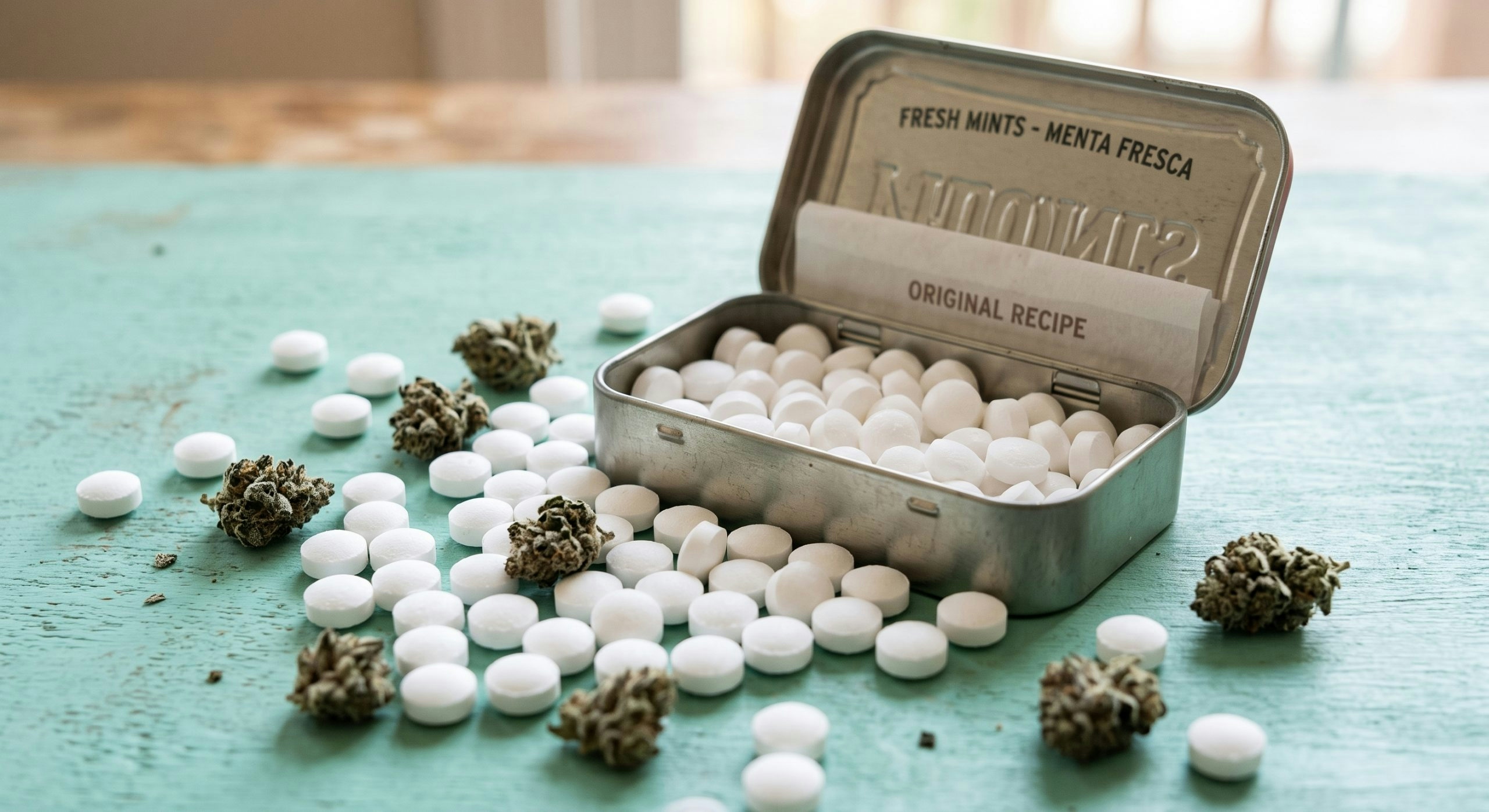weed mints in a silver can