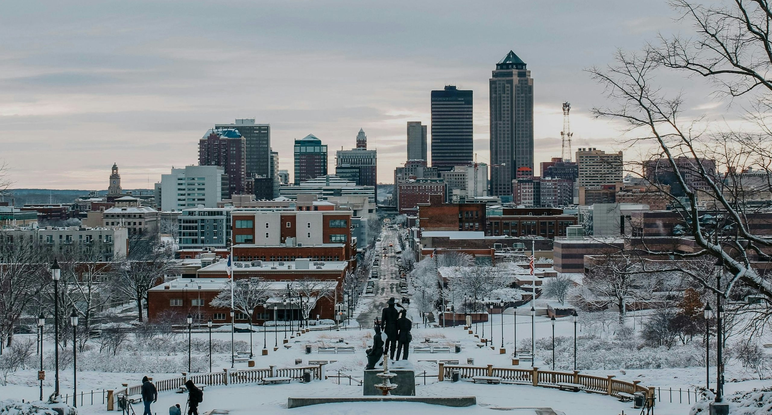 Des Moines cityscape with historic and modern architecture