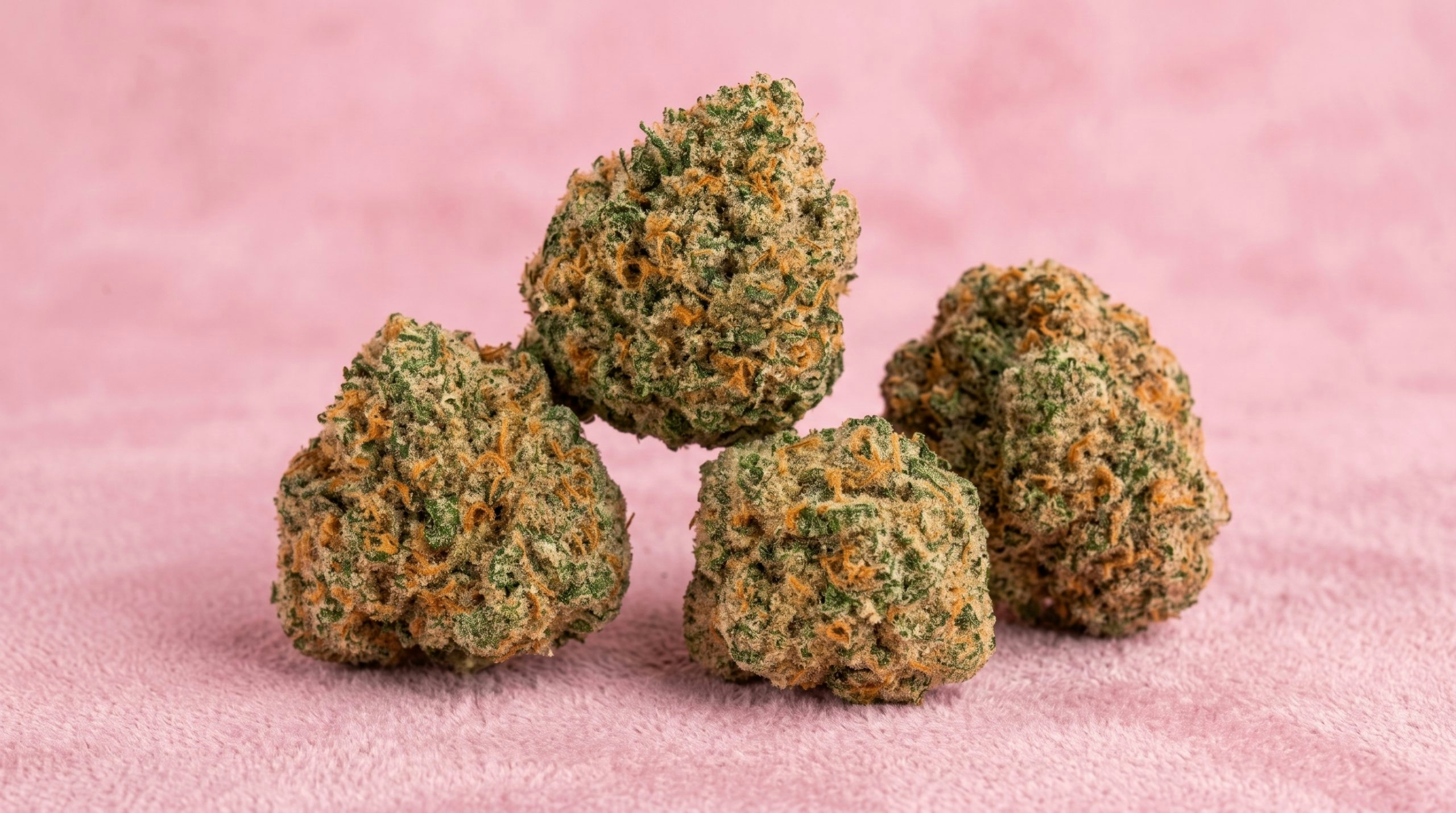 4 cannabis bud over a pink background