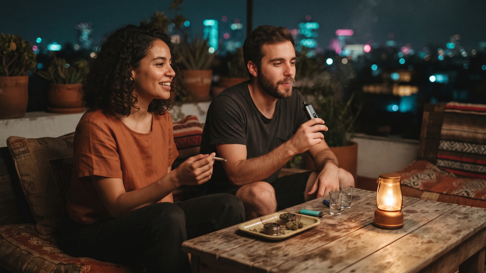 Two friends relaxing on a rooftop terrace with a cannabis vape and joint.
