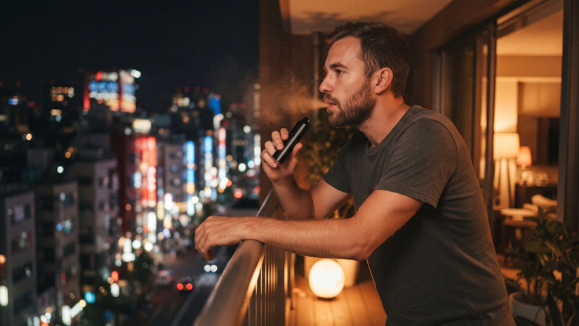 Close-up of a person relaxing on a balcony and exhaling vapor, city lights background